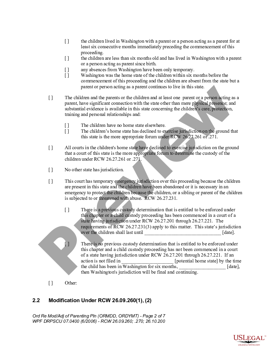page 1 WPF DRPSCU 07.0400 - Order Regarding Modification, Amendment or Adjustment of Custody Decree or Parenting Plan - Residential Schedule - ORMDD preview