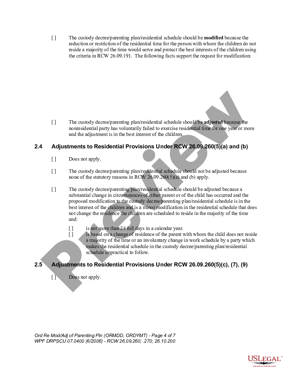 page 3 WPF DRPSCU 07.0400 - Order Regarding Modification, Amendment or Adjustment of Custody Decree or Parenting Plan - Residential Schedule - ORMDD preview