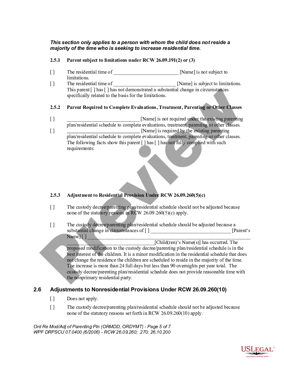 page 4 WPF DRPSCU 07.0400 - Order Regarding Modification, Amendment or Adjustment of Custody Decree or Parenting Plan - Residential Schedule - ORMDD preview