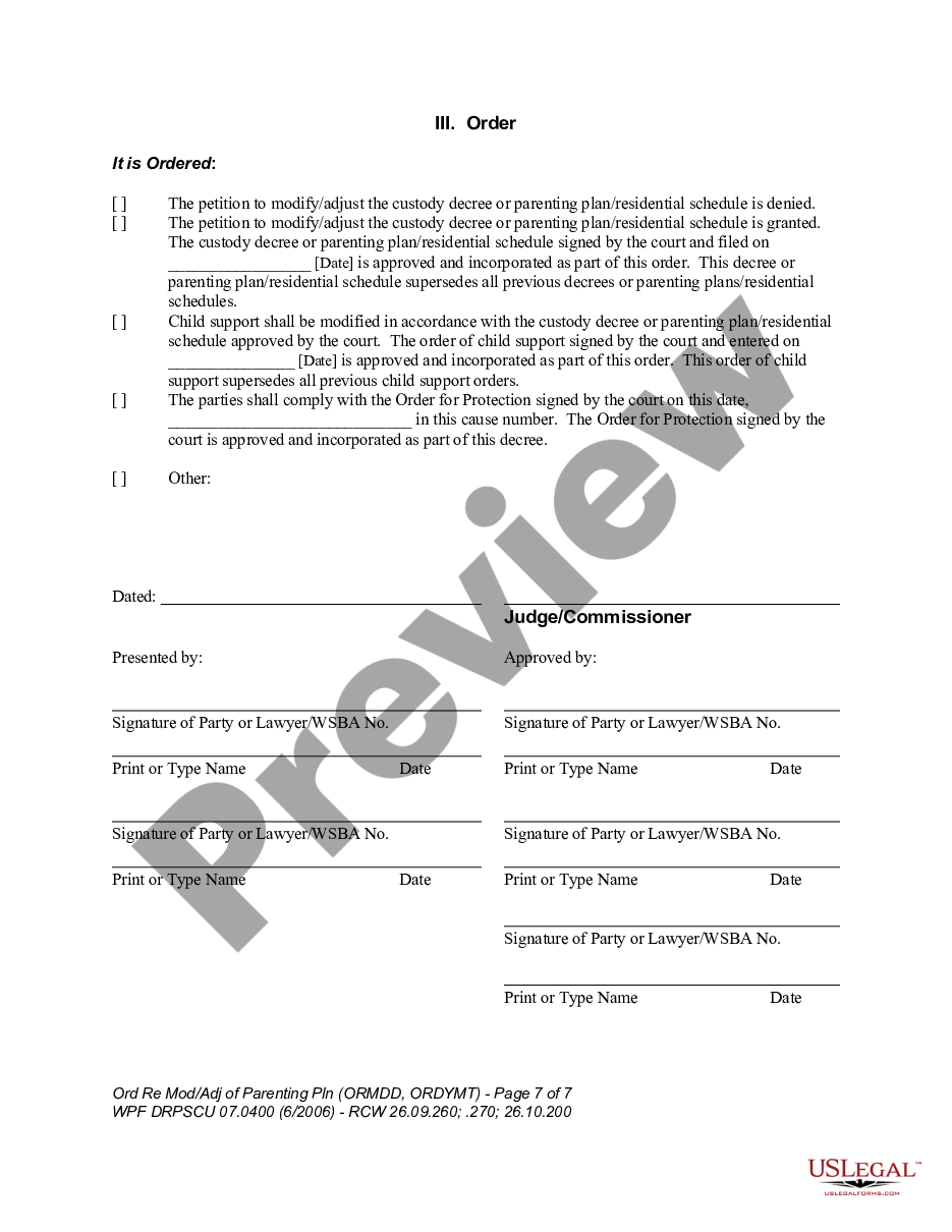 form WPF DRPSCU 07.0400 - Order Regarding Modification, Amendment or Adjustment of Custody Decree or Parenting Plan - Residential Schedule - ORMDD preview