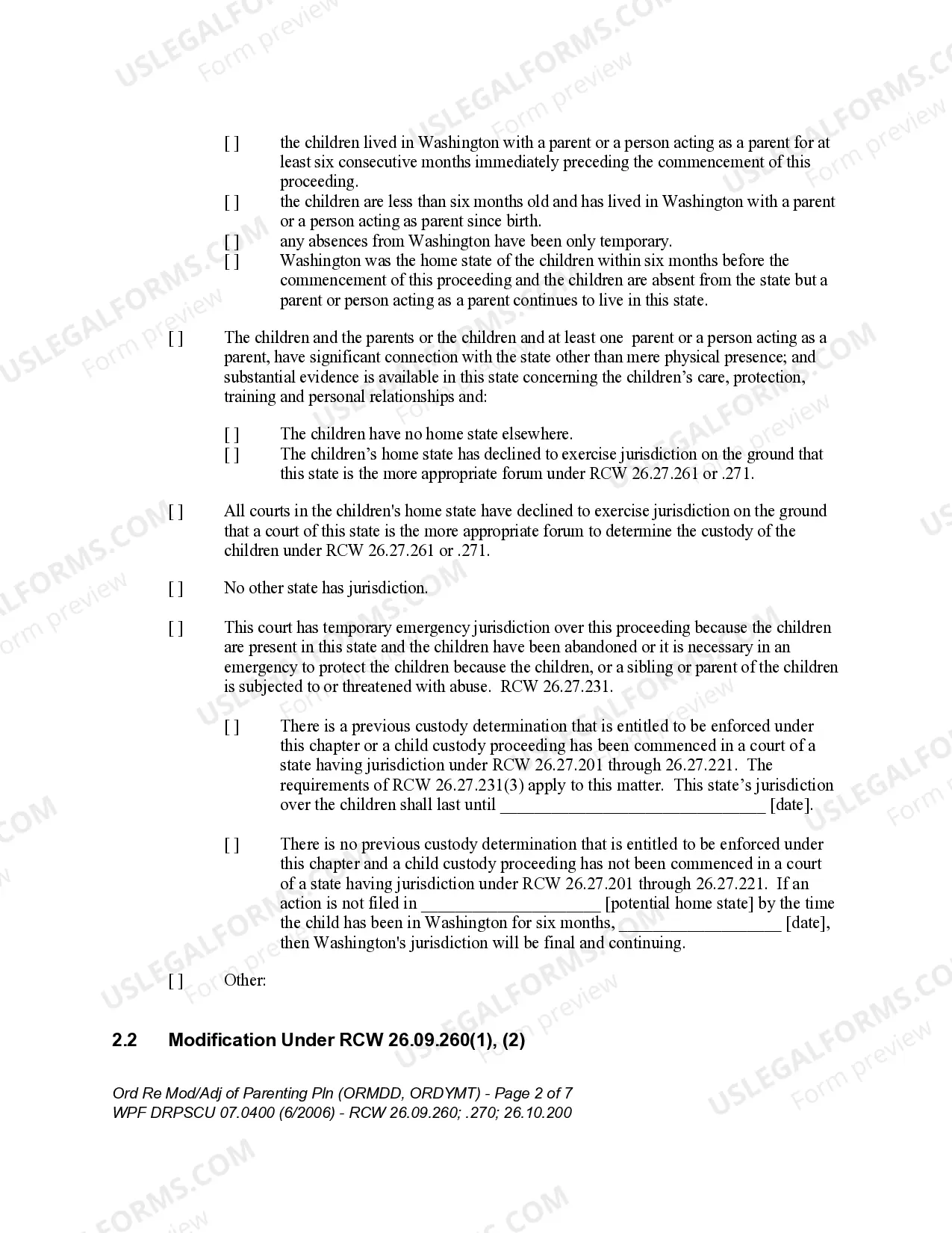 Preview WPF DRPSCU 07.0400 - Order Regarding Modification, Amendment or Adjustment of Custody Decree or Parenting Plan - Residential Schedule - ORMDD