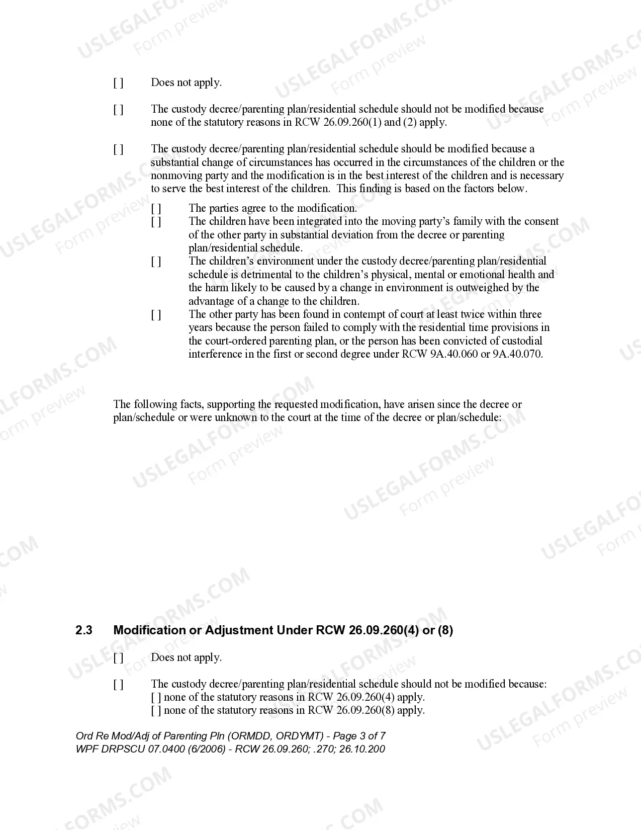 Preview WPF DRPSCU 07.0400 - Order Regarding Modification, Amendment or Adjustment of Custody Decree or Parenting Plan - Residential Schedule - ORMDD