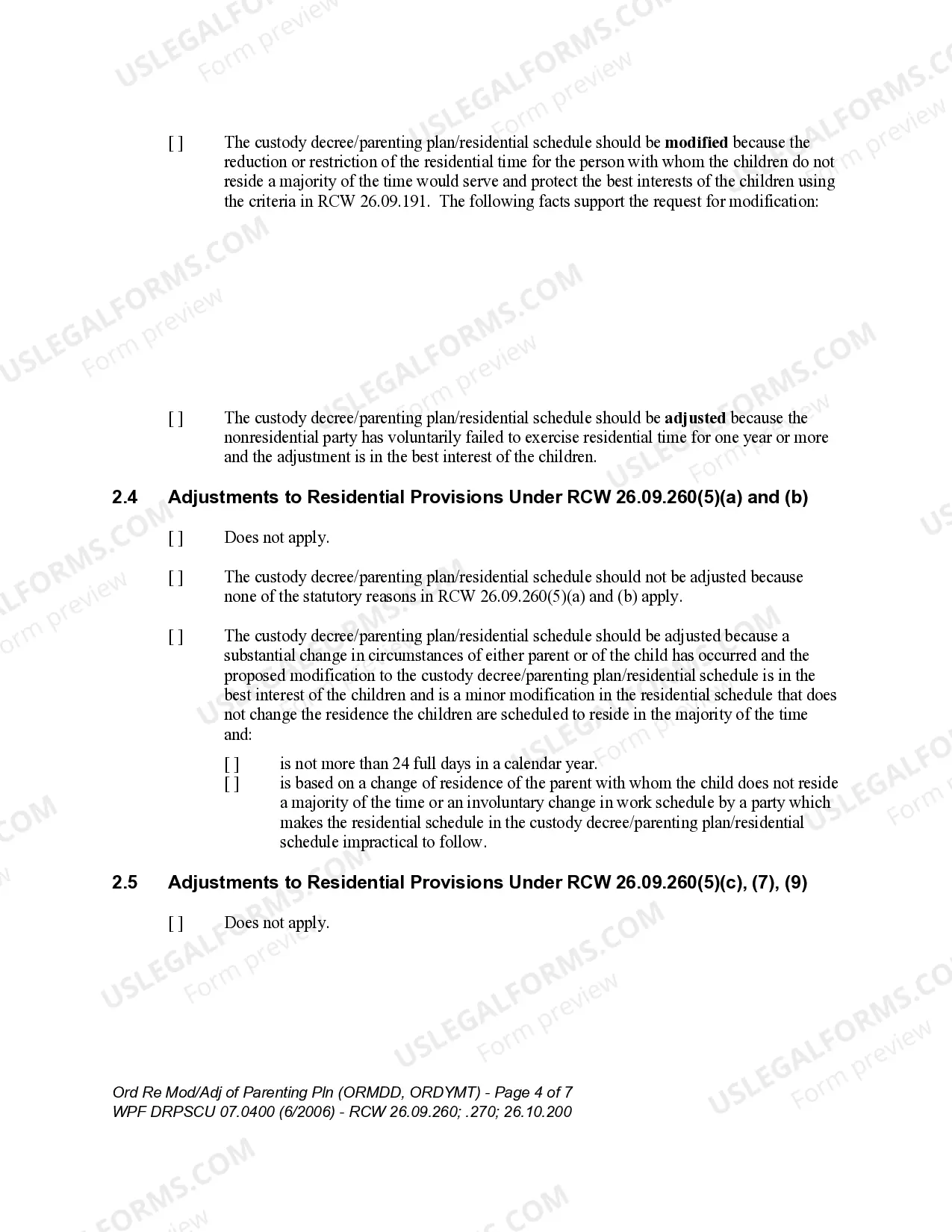 Preview WPF DRPSCU 07.0400 - Order Regarding Modification, Amendment or Adjustment of Custody Decree or Parenting Plan - Residential Schedule - ORMDD