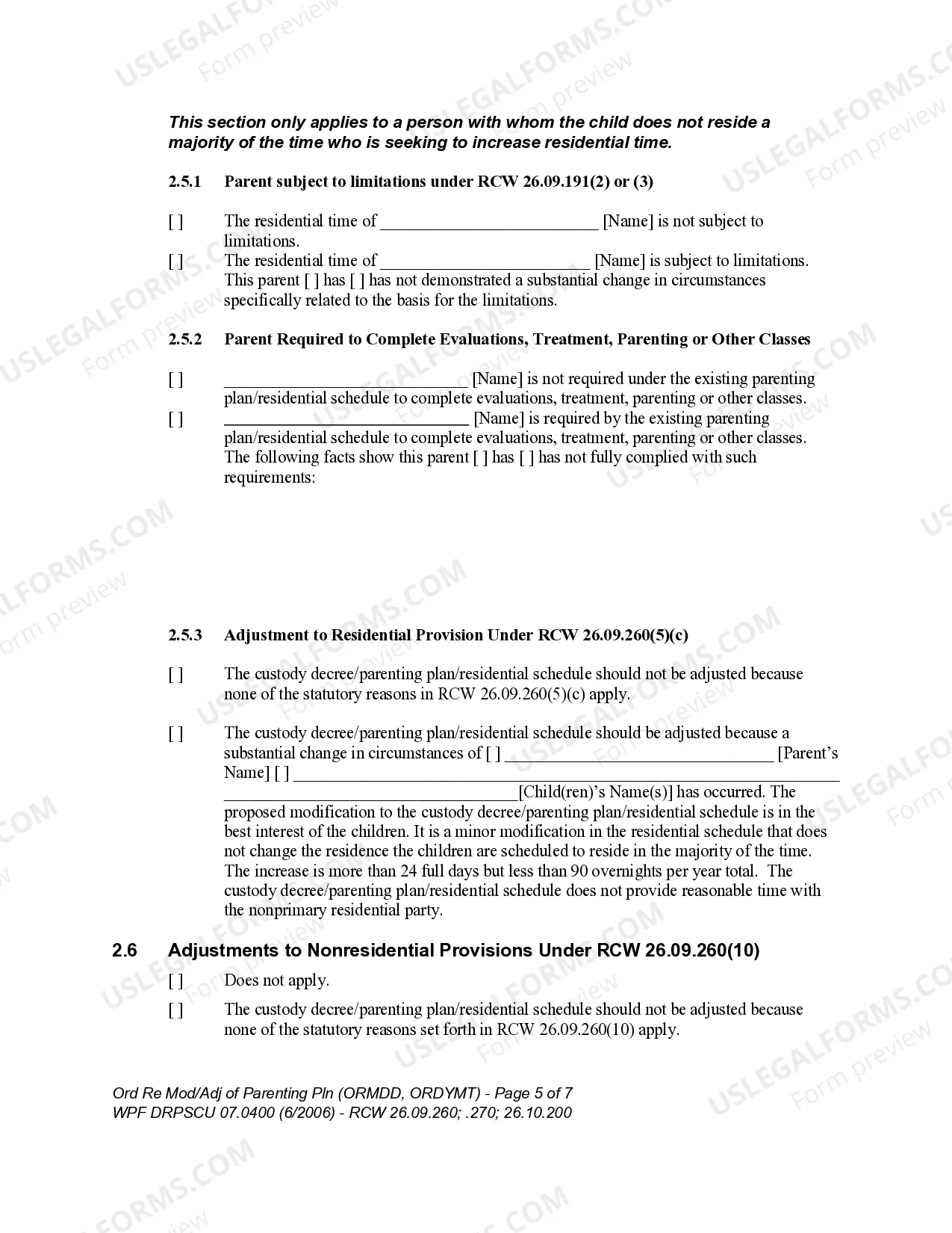 Preview WPF DRPSCU 07.0400 - Order Regarding Modification, Amendment or Adjustment of Custody Decree or Parenting Plan - Residential Schedule - ORMDD