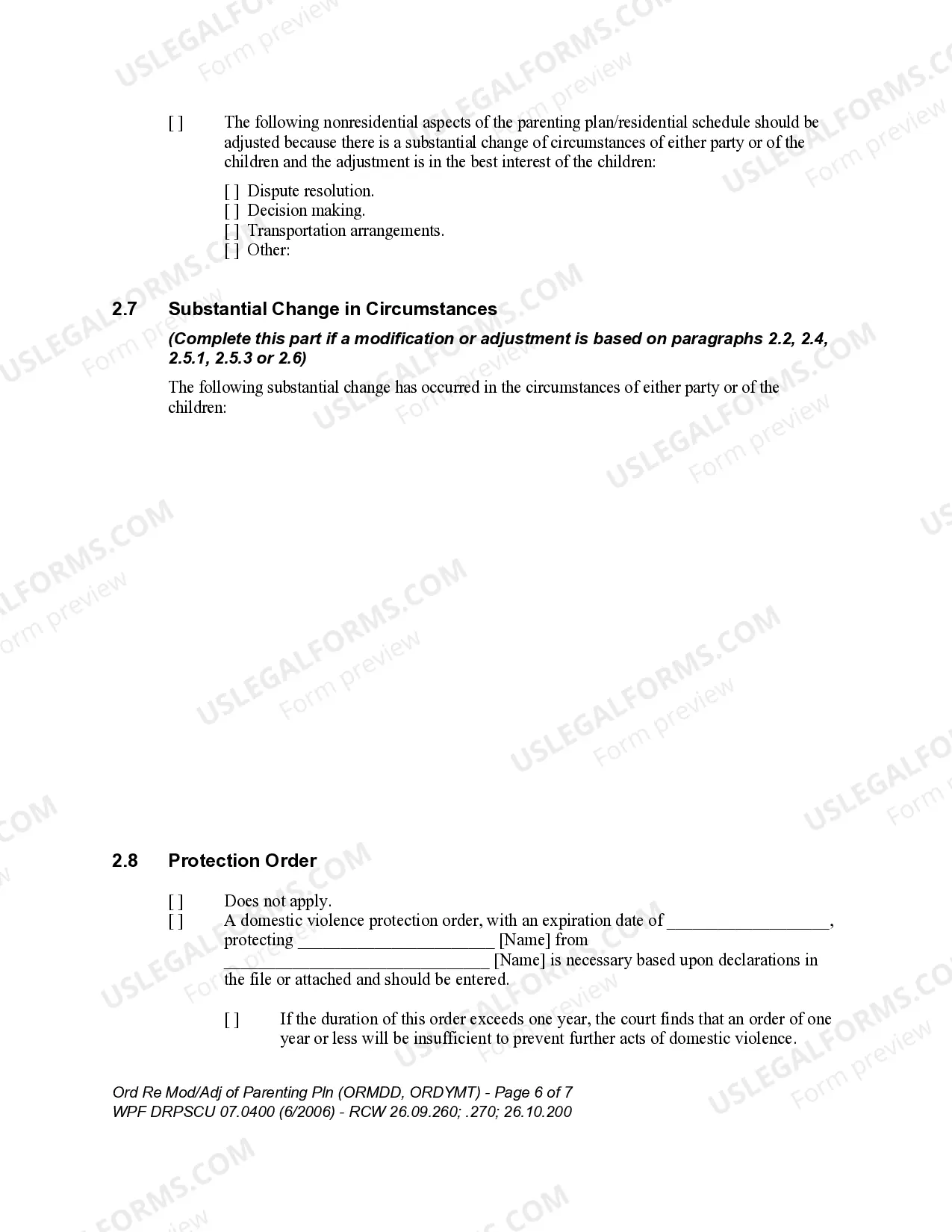 Preview WPF DRPSCU 07.0400 - Order Regarding Modification, Amendment or Adjustment of Custody Decree or Parenting Plan - Residential Schedule - ORMDD