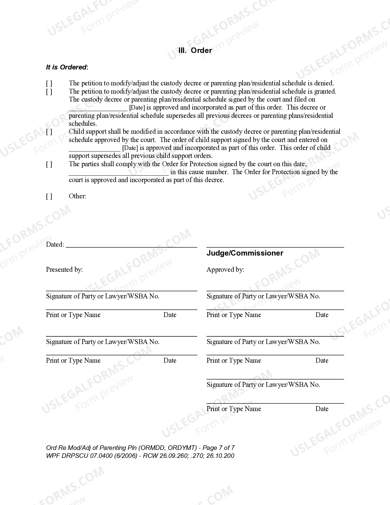 Preview WPF DRPSCU 07.0400 - Order Regarding Modification, Amendment or Adjustment of Custody Decree or Parenting Plan - Residential Schedule - ORMDD