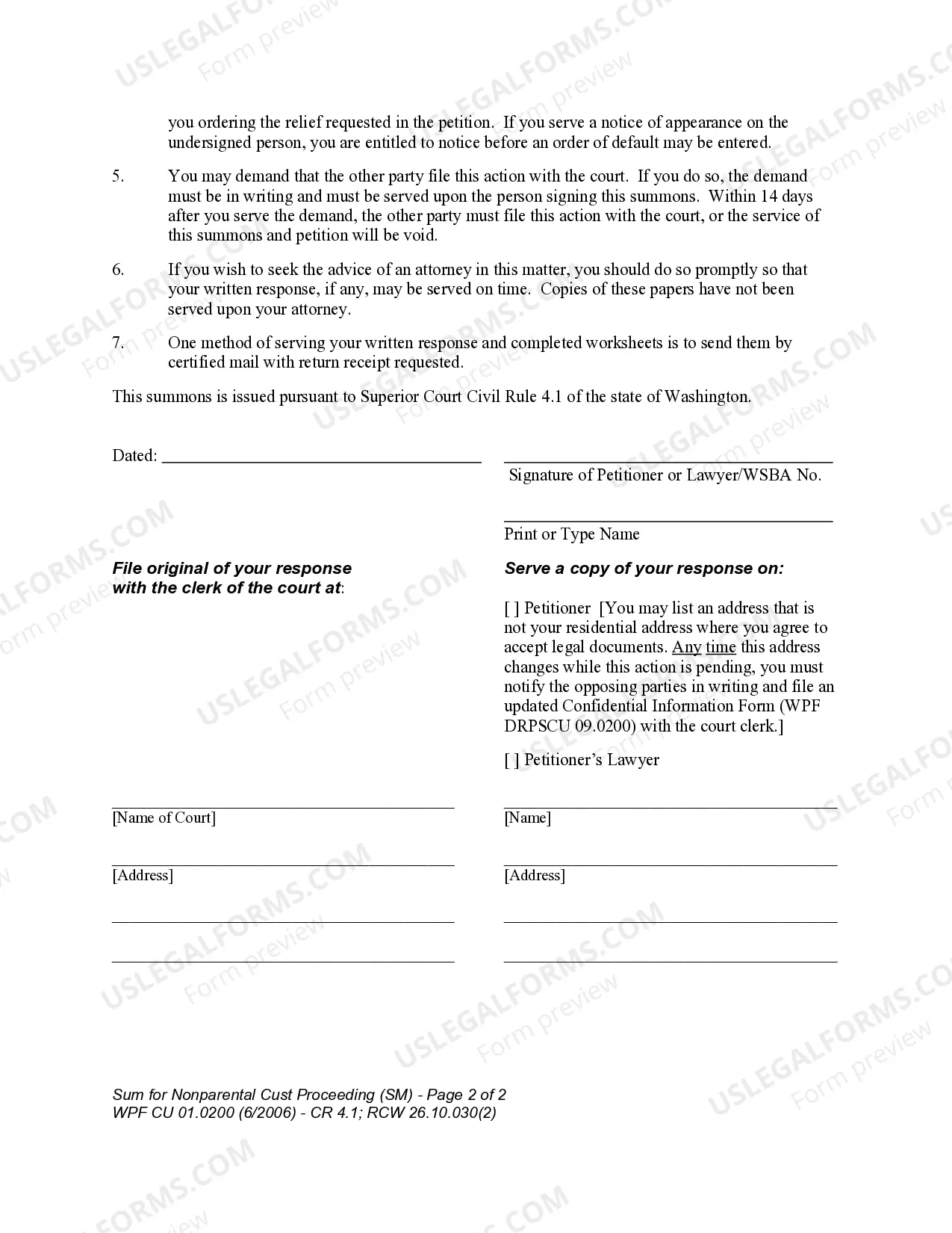 Preview WPF CU 01.0200 - Summons for Nonparental Custody Proceeding - SM