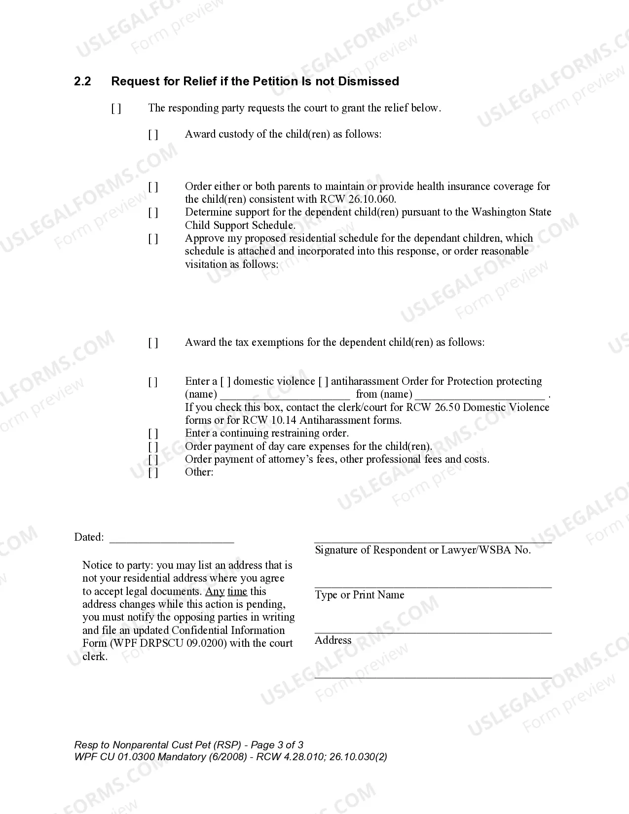 Preview WPF CU 01.0300 - Response to Nonparental Custody Petition - RSP