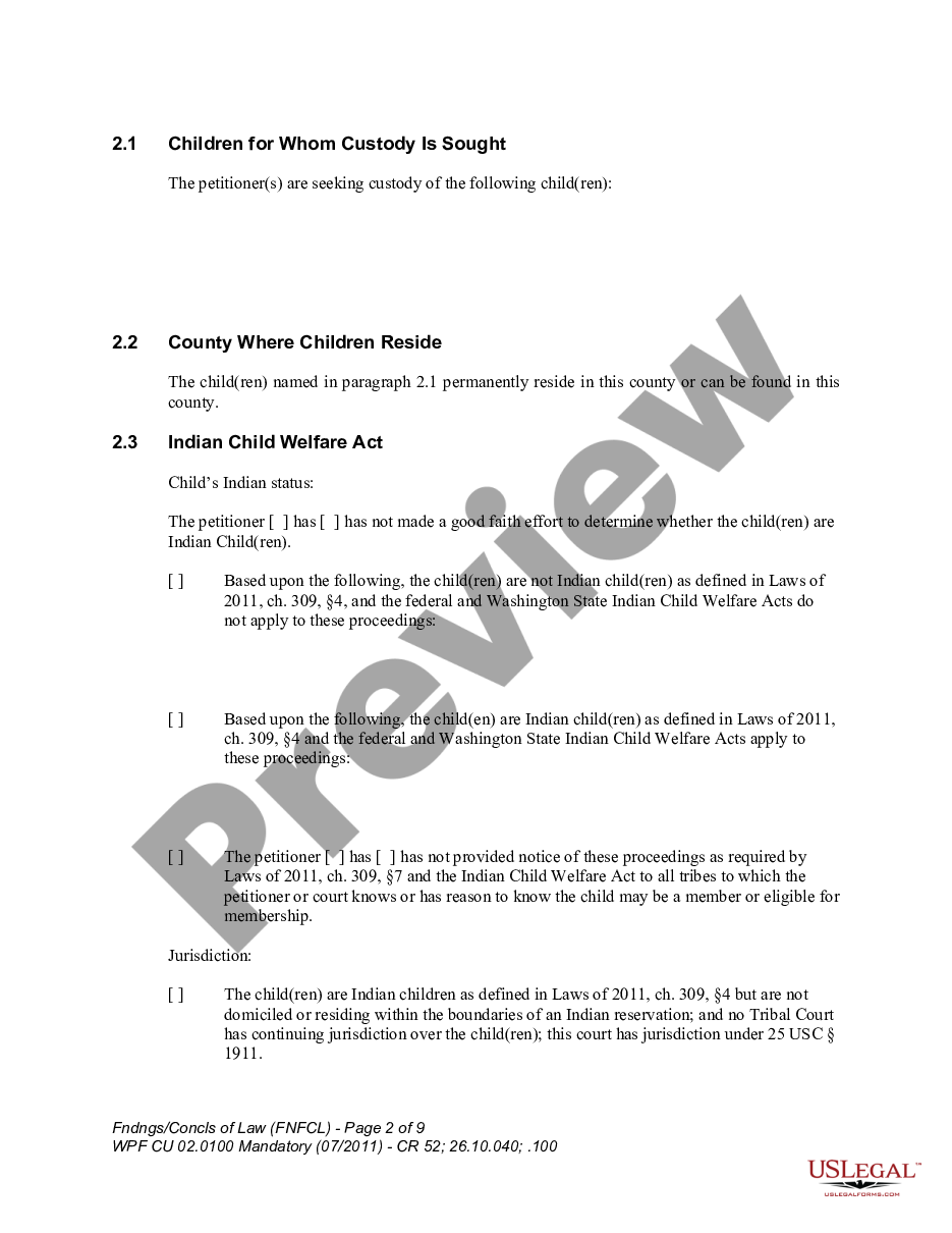 page 1 WPF CU 02.0100 - Findings of Fact and Conclusions of Law - Nonparental Custody - FNFCL preview