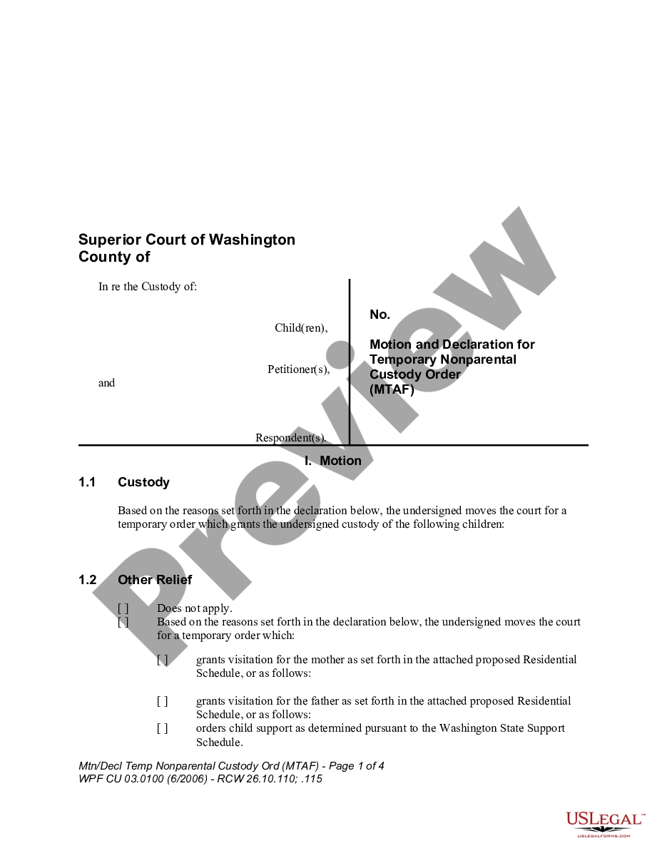 Washington WPF CU 03 0100 Motion And Declaration For Temporary 