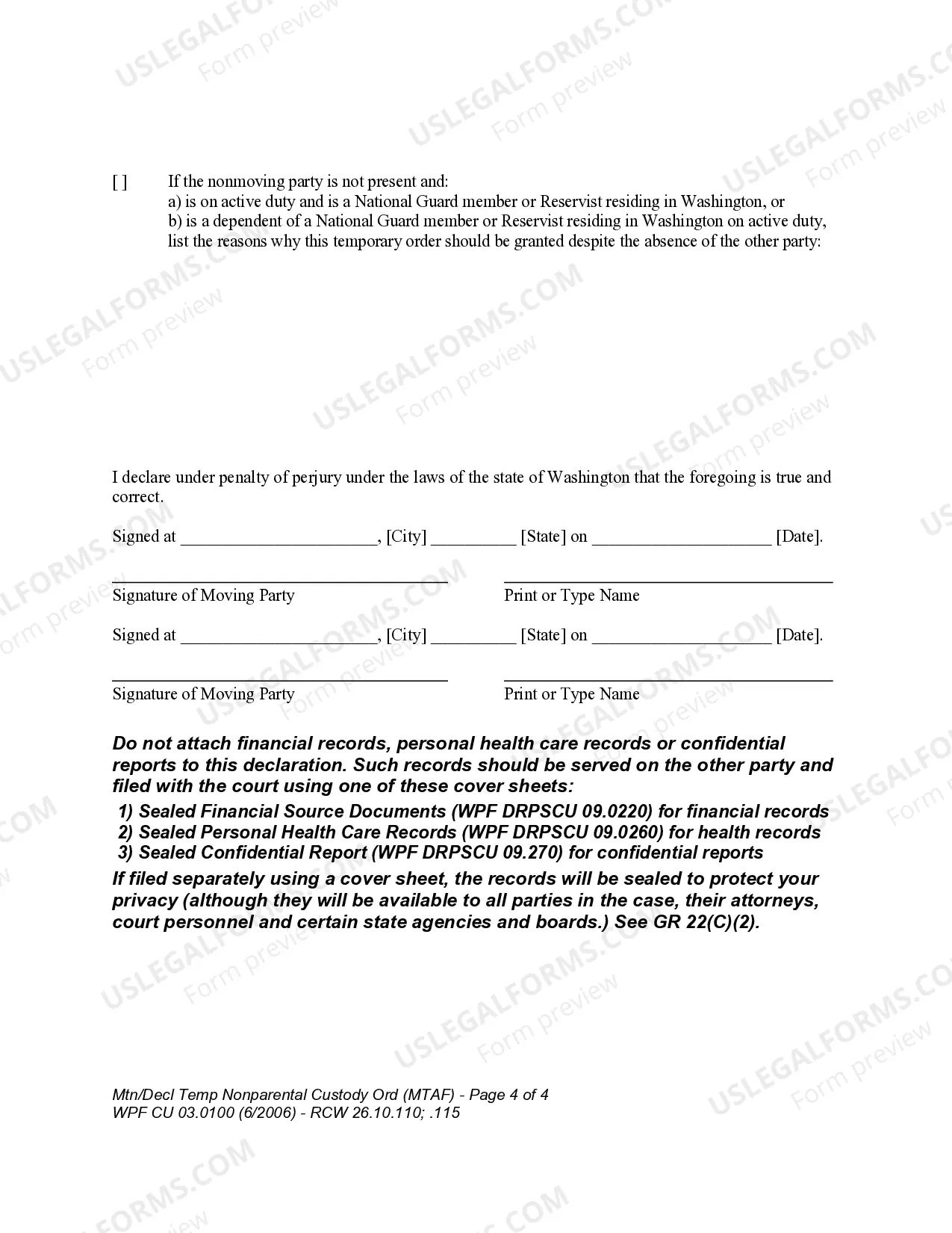 Preview WPF CU 03.0100 - Motion and Declaration for Temporary Nonparental Custody Order - MT