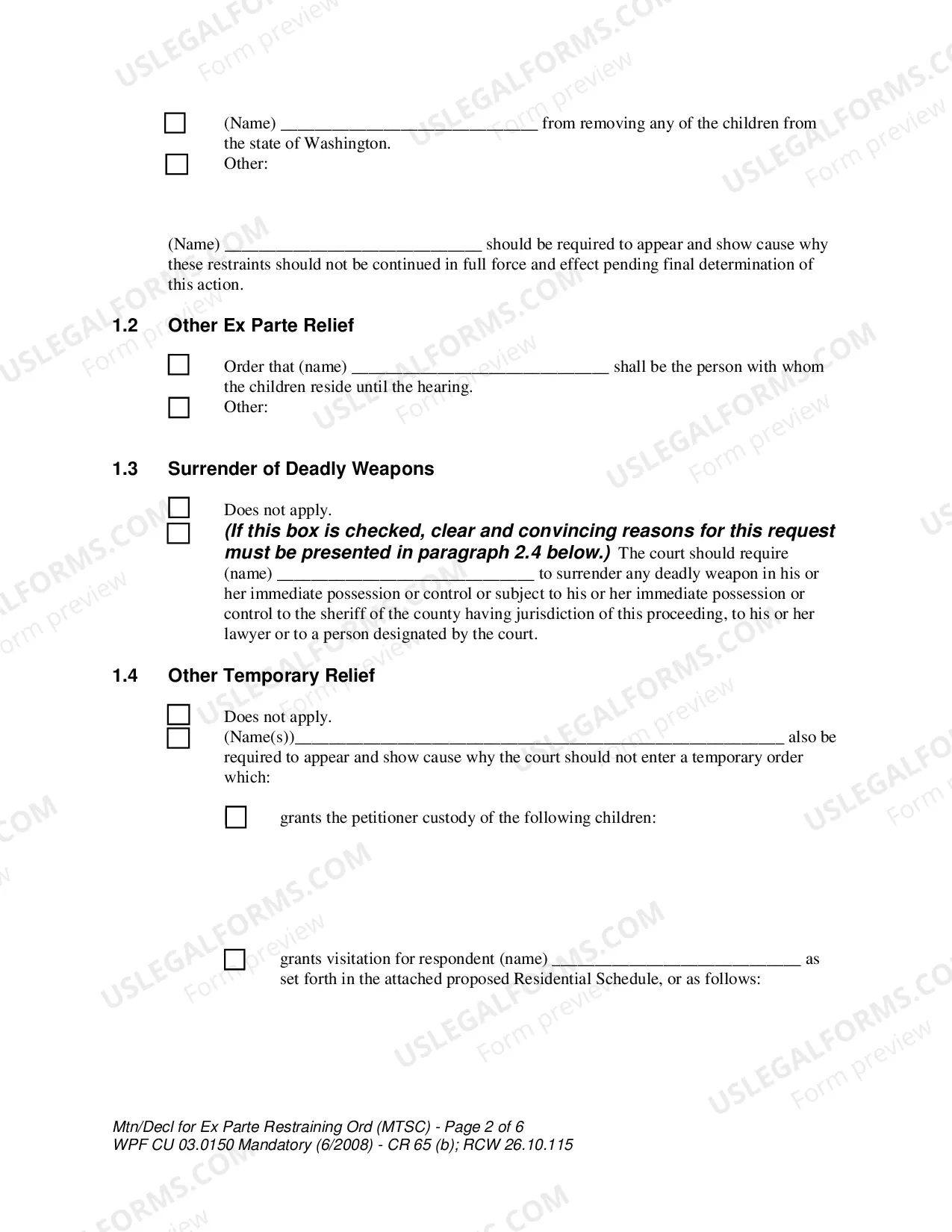 Preview WPF CU 03.0150 - Motion - Declaration for Ex Parte Restraining Order and for Order to Show Cause - Nonparental Custody - MTAF