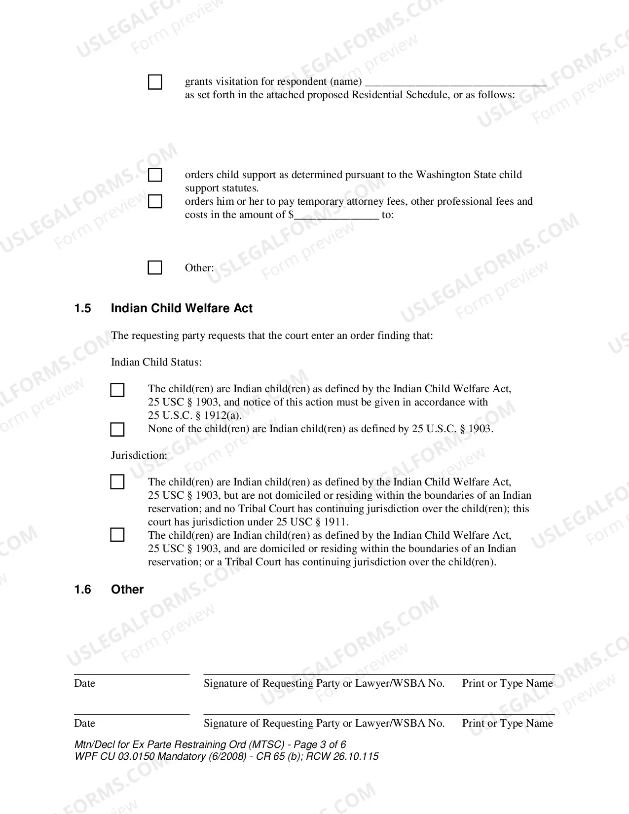 Preview WPF CU 03.0150 - Motion - Declaration for Ex Parte Restraining Order and for Order to Show Cause - Nonparental Custody - MTAF