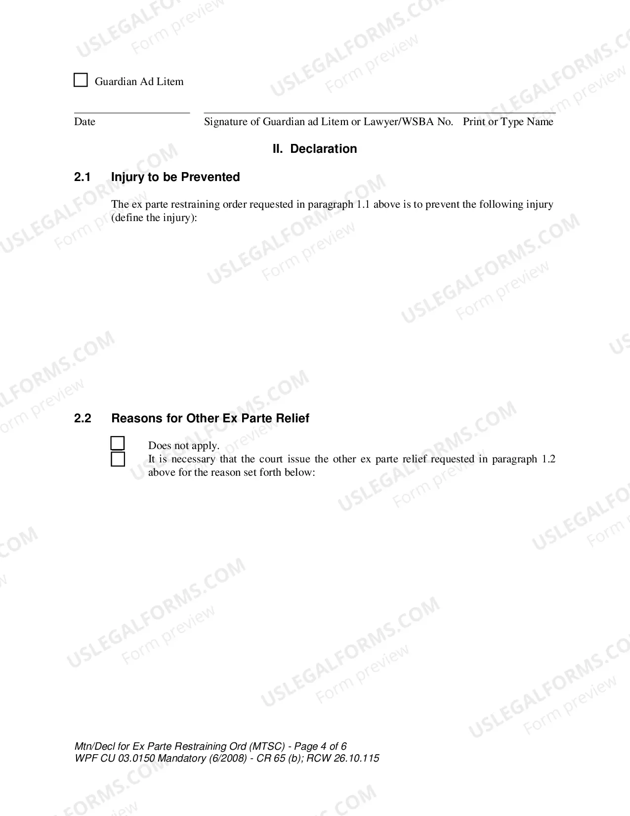 Preview WPF CU 03.0150 - Motion - Declaration for Ex Parte Restraining Order and for Order to Show Cause - Nonparental Custody - MTAF