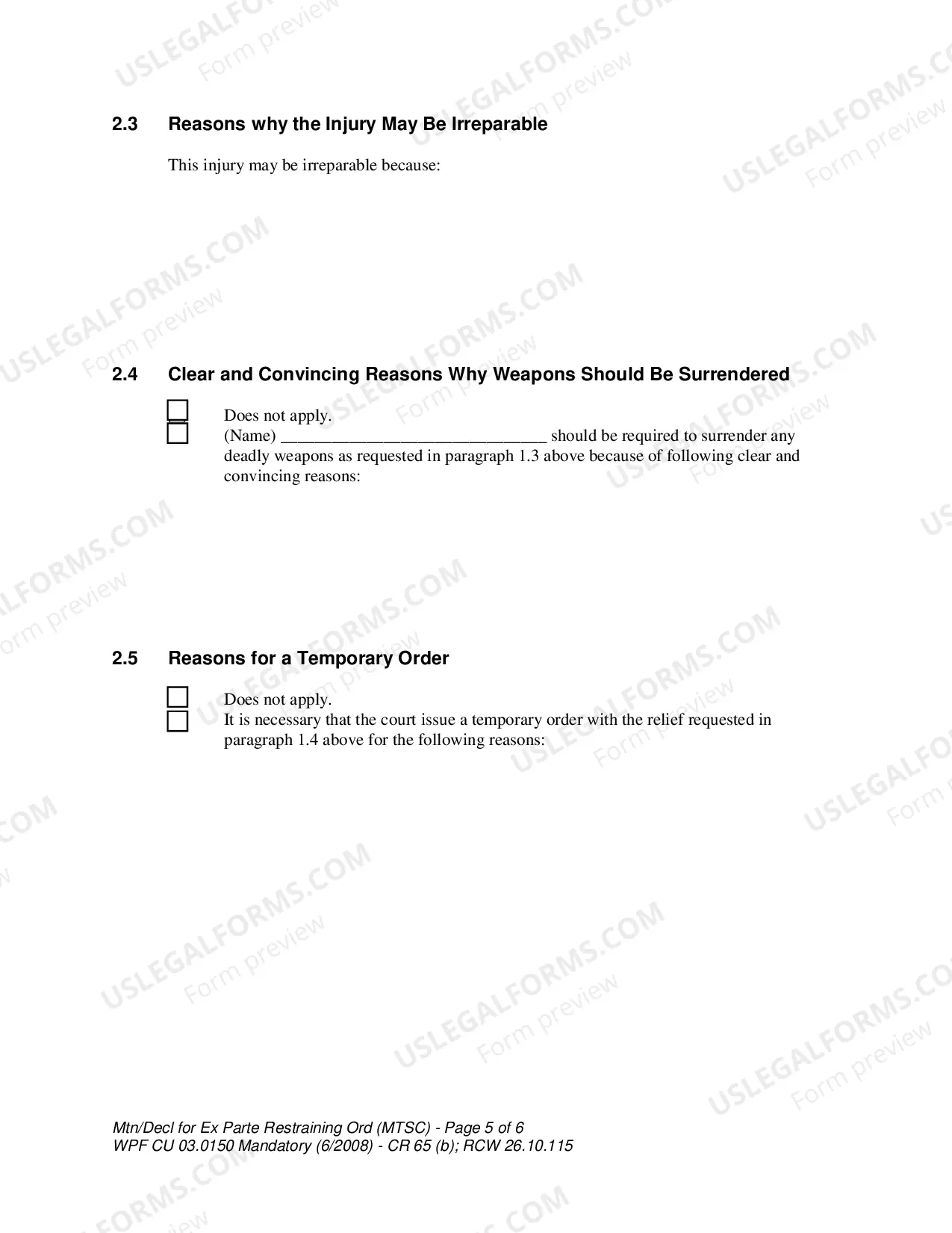 Preview WPF CU 03.0150 - Motion - Declaration for Ex Parte Restraining Order and for Order to Show Cause - Nonparental Custody - MTAF