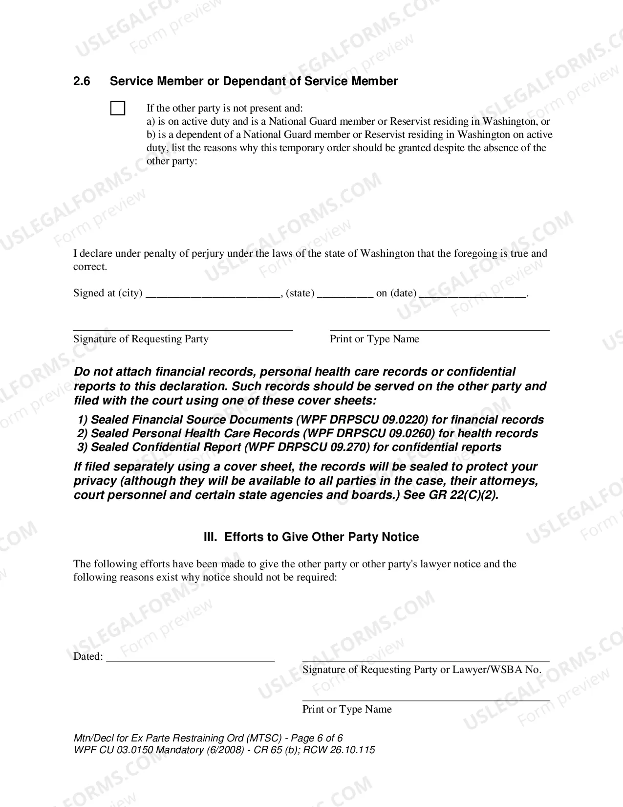 Preview WPF CU 03.0150 - Motion - Declaration for Ex Parte Restraining Order and for Order to Show Cause - Nonparental Custody - MTAF
