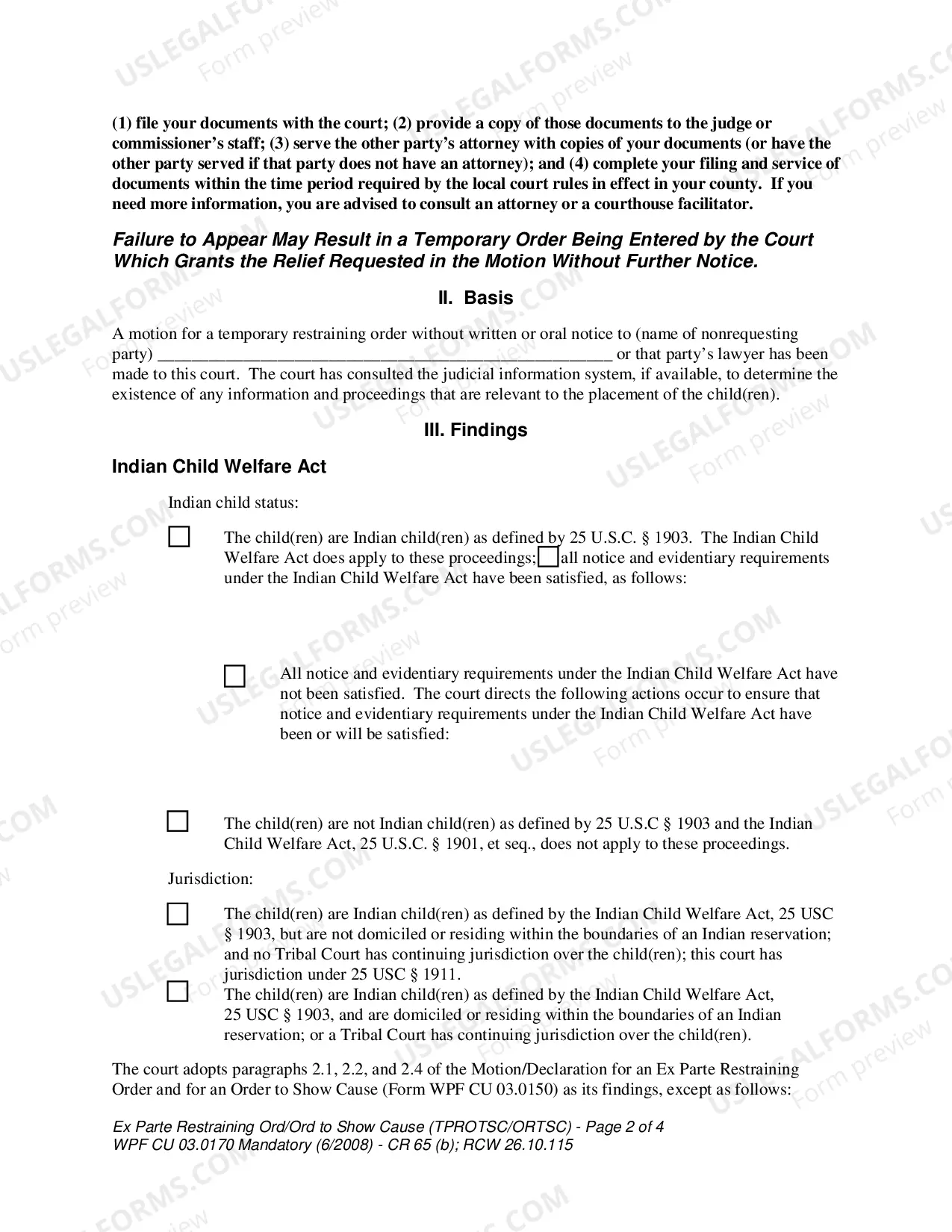 Preview WPF CU 03.0170 - Ex Parte Restraining Order - Order to Show Cause - Nonparental Custody - TPROTSC