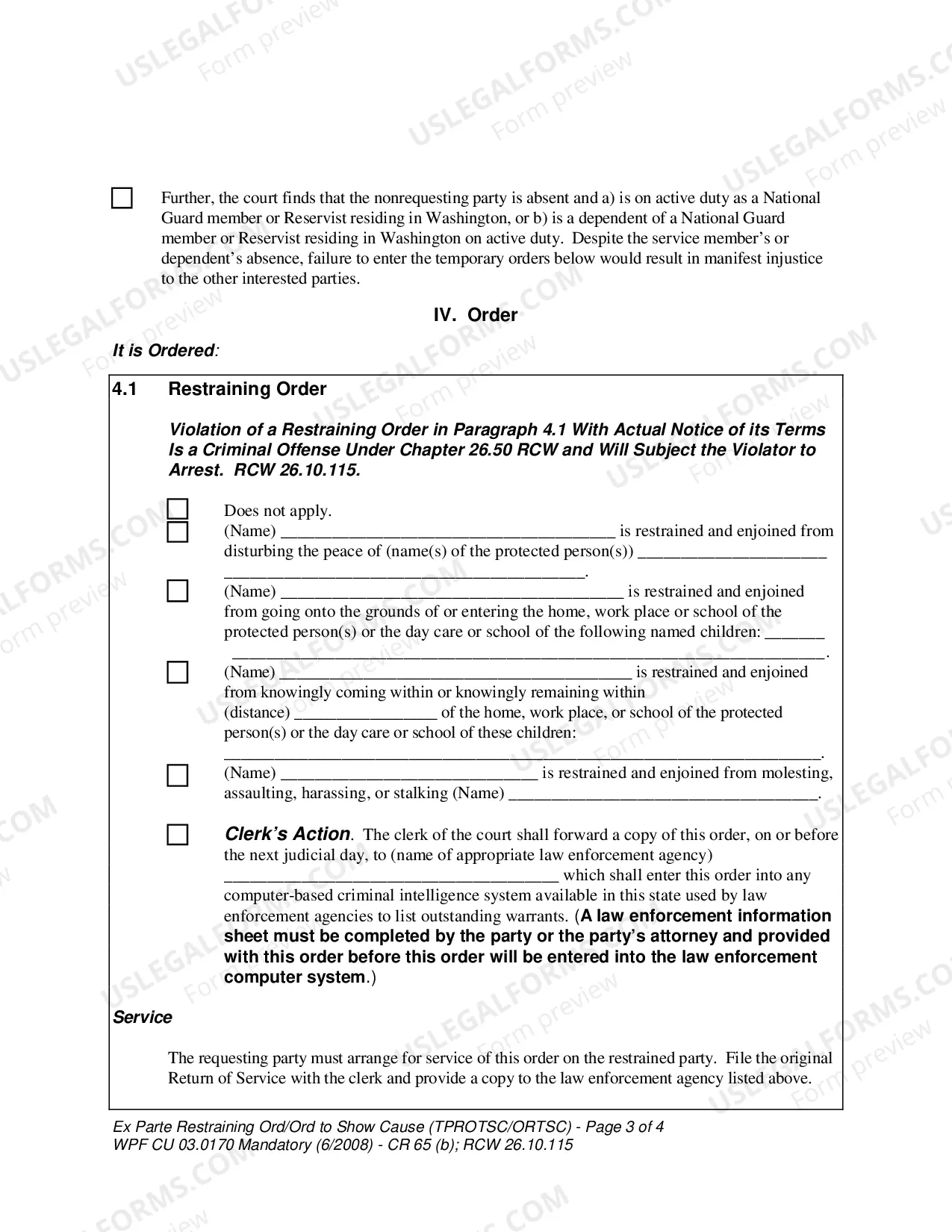 Preview WPF CU 03.0170 - Ex Parte Restraining Order - Order to Show Cause - Nonparental Custody - TPROTSC