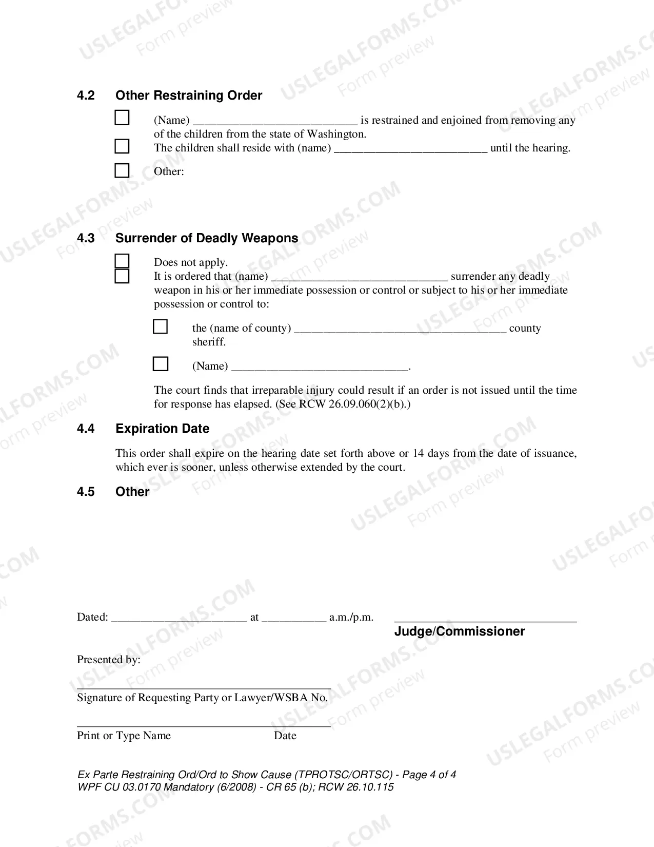 Preview WPF CU 03.0170 - Ex Parte Restraining Order - Order to Show Cause - Nonparental Custody - TPROTSC