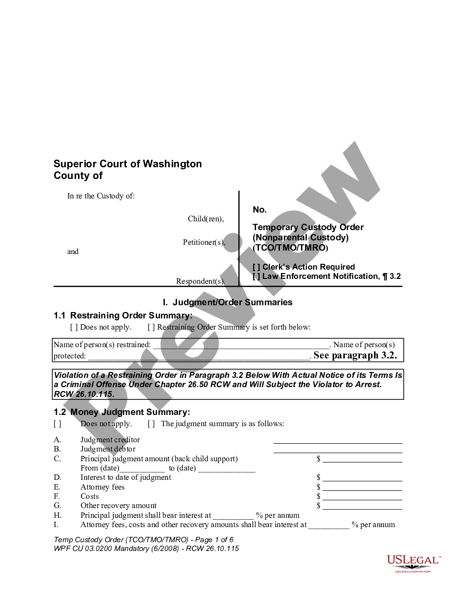 page 0 WPF CU 03.0200 - Temporary Custody Order - Nonparental Custody - TMO preview