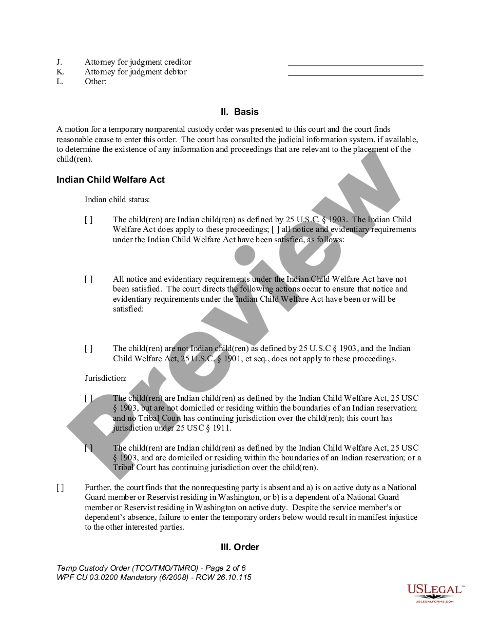 page 1 WPF CU 03.0200 - Temporary Custody Order - Nonparental Custody - TMO preview