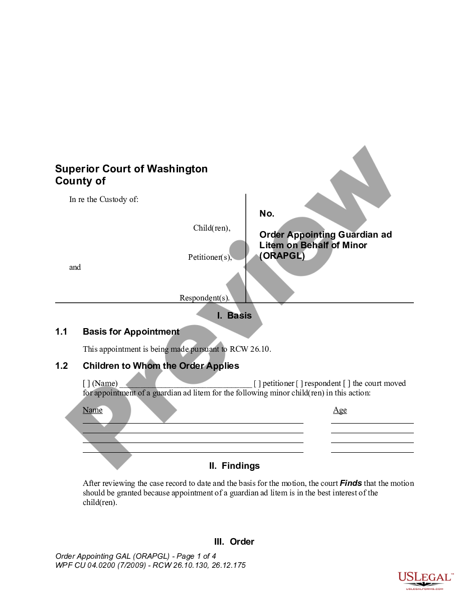 form WPF CU 04.0200 - Order Appointing Guardian ad Litem on Behalf of Minor - ORAPGL preview