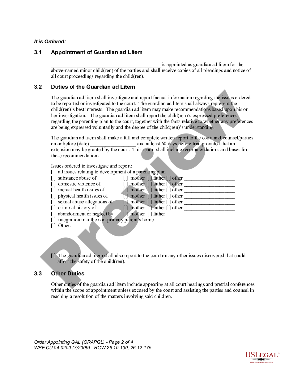 form WPF CU 04.0200 - Order Appointing Guardian ad Litem on Behalf of Minor - ORAPGL preview