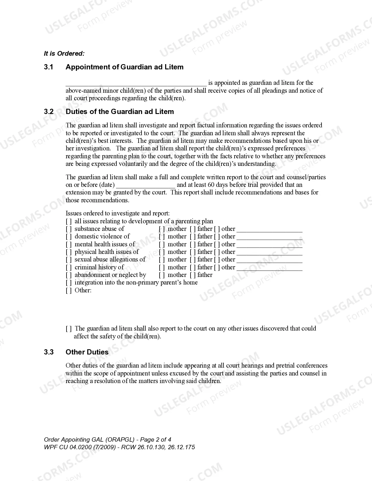 Preview WPF CU 04.0200 - Order Appointing Guardian ad Litem on Behalf of Minor - ORAPGL