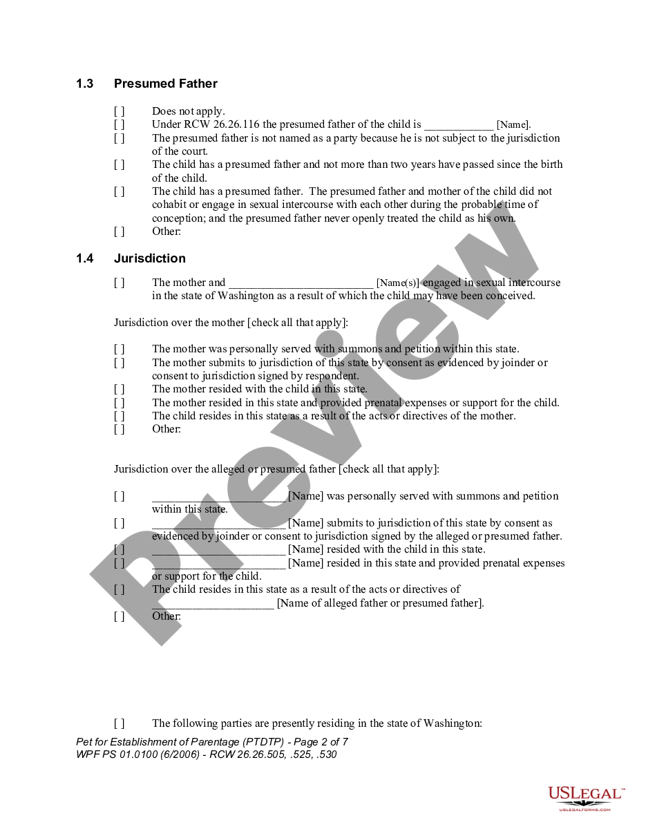 page 1 WPF PS 01.0100 - Petition for Establishment of Parentage - PTDTP preview