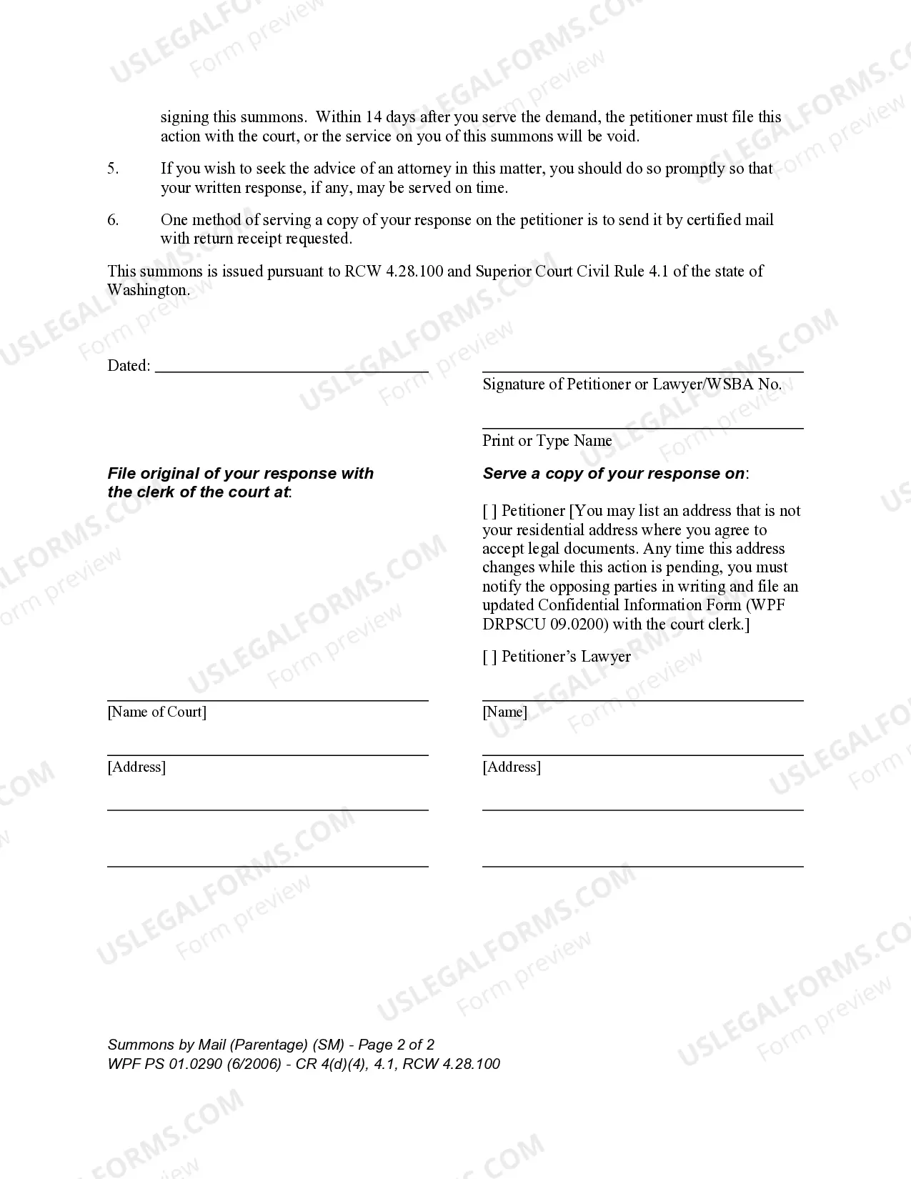 Preview WPF PS 01.0290 - Summons by Mail - Parentage - SM