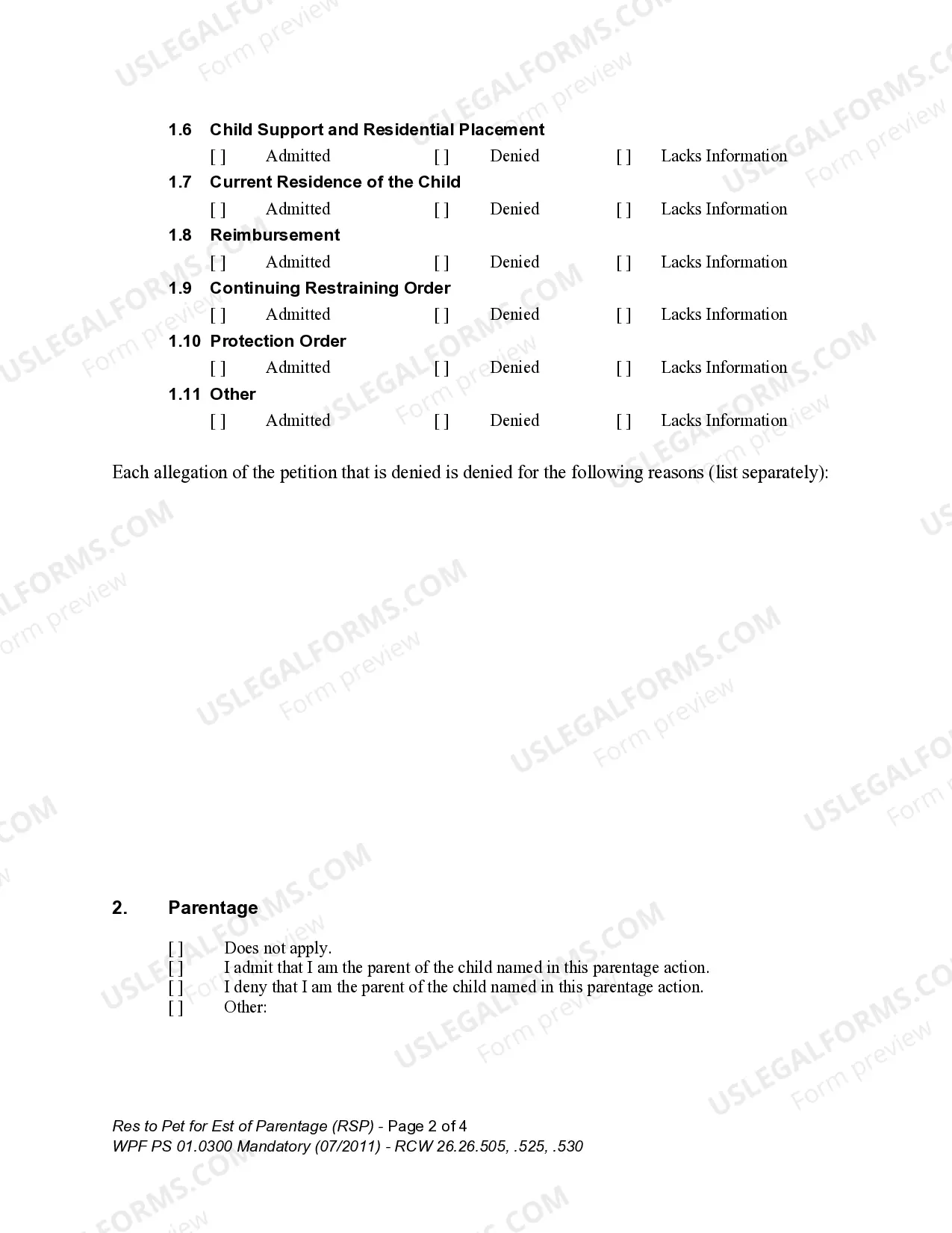 Preview WPF PS 01.0300 - Response to Petition for Establishment of Parentage - RSP