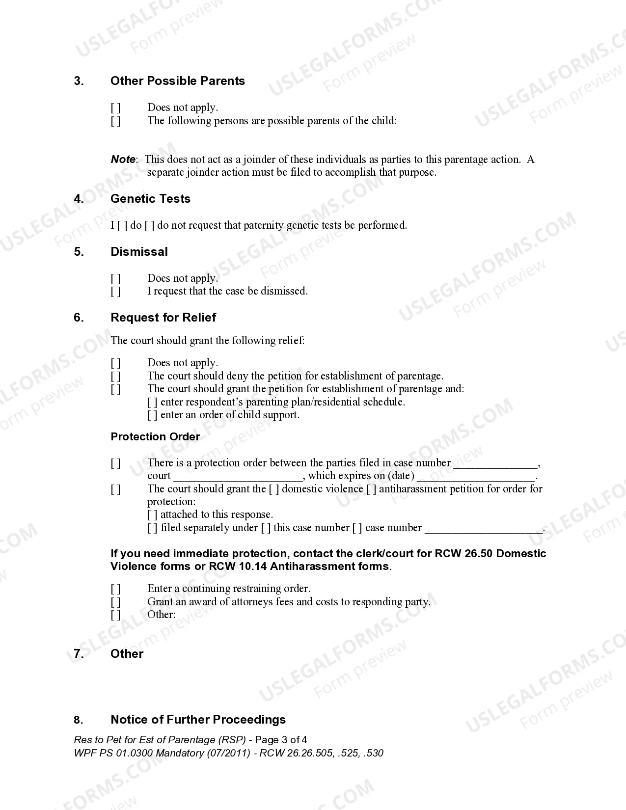 Preview WPF PS 01.0300 - Response to Petition for Establishment of Parentage - RSP