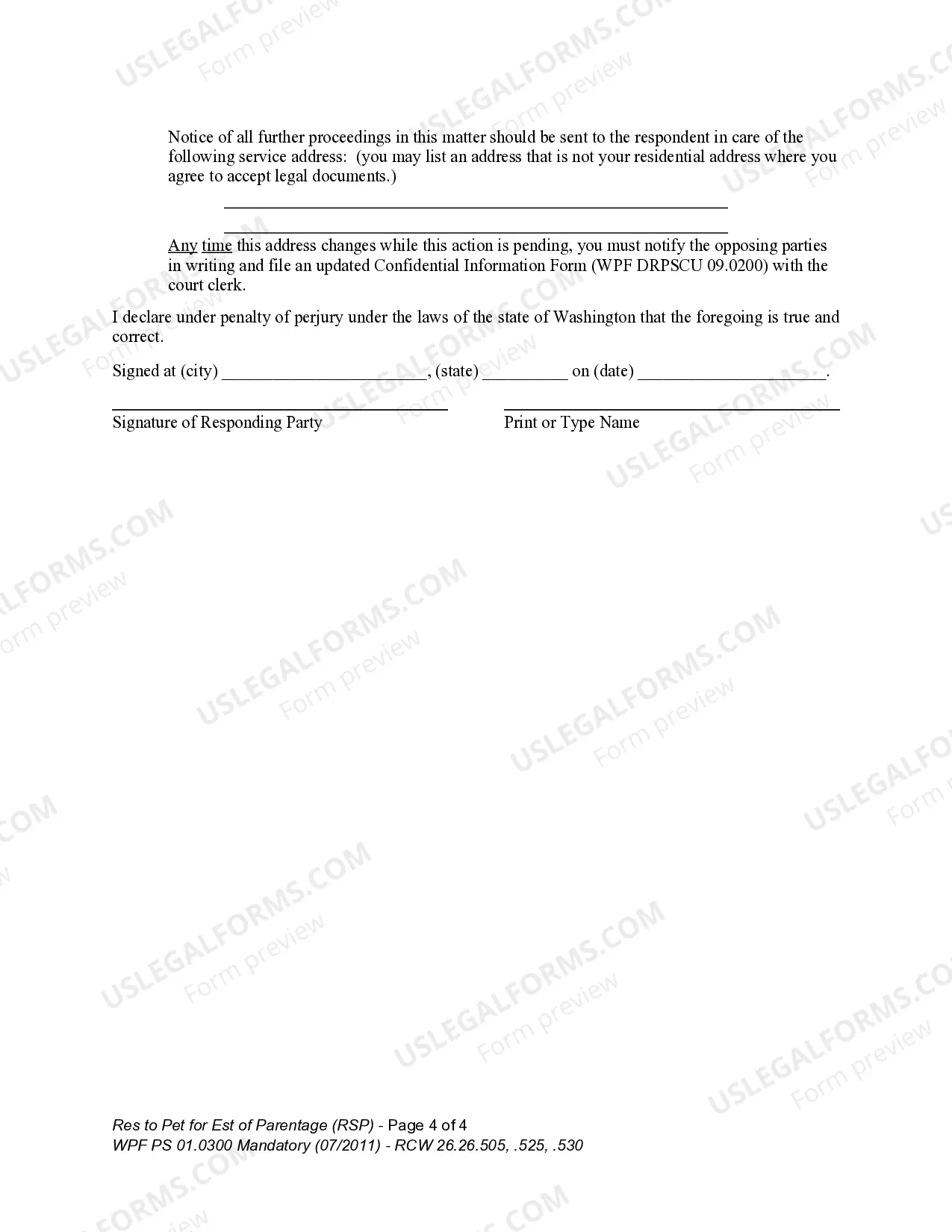 Preview WPF PS 01.0300 - Response to Petition for Establishment of Parentage - RSP