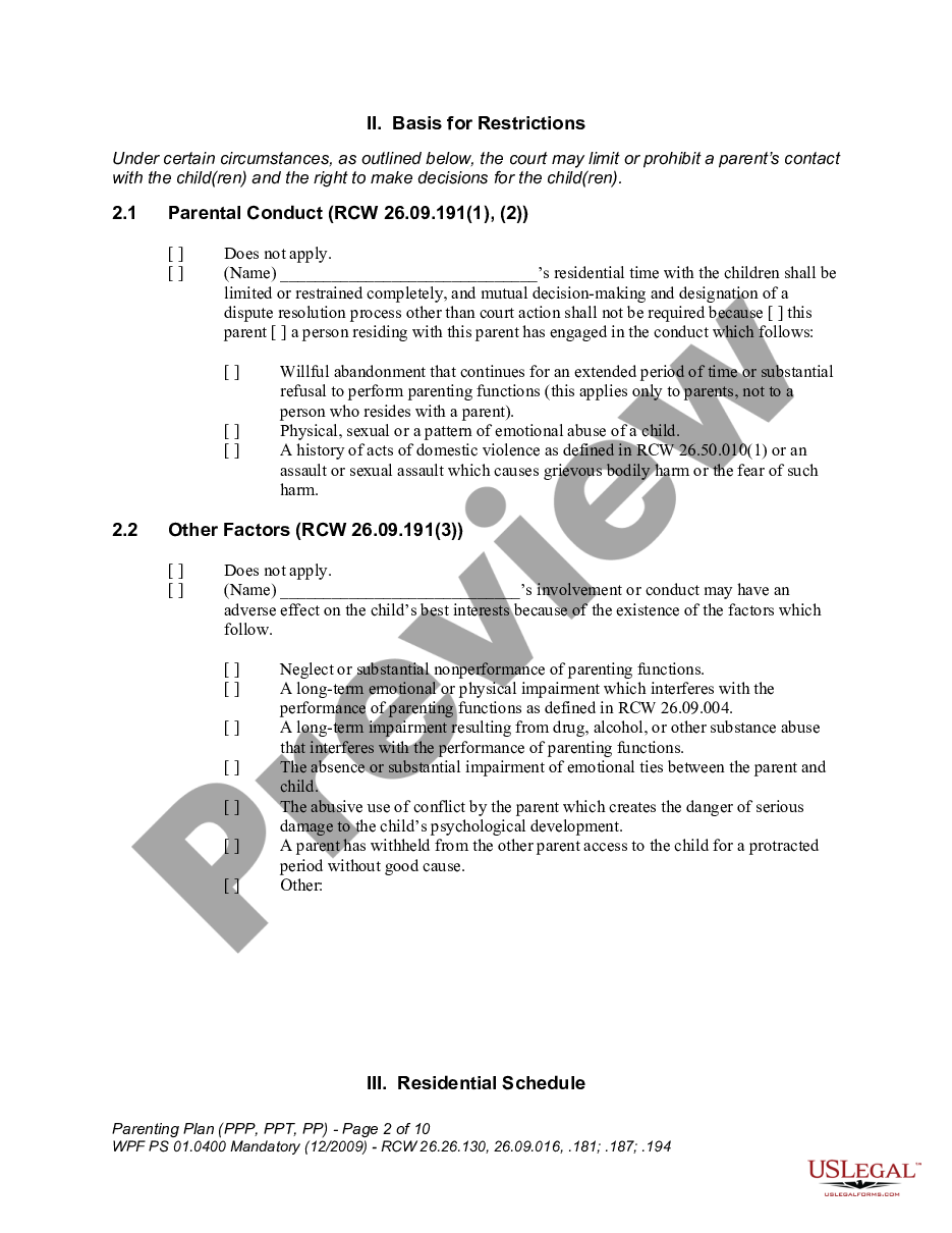 page 1 WPF PS 01.0400 - Parenting Plan - Proposed - PP, Temporary - PPT, Final Order - PP preview