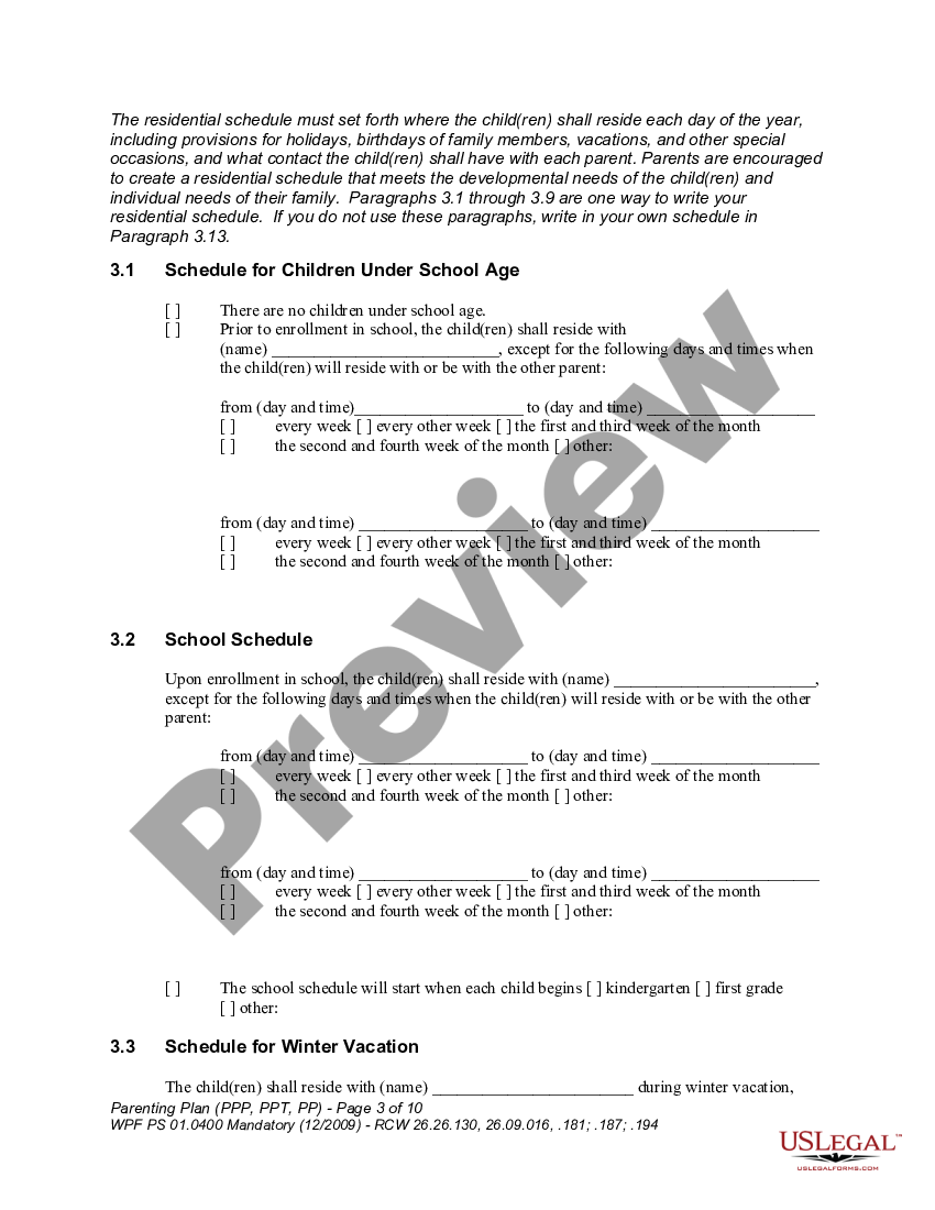 Washington WPF PS 01.0400 Parenting Plan Proposed PP, Temporary