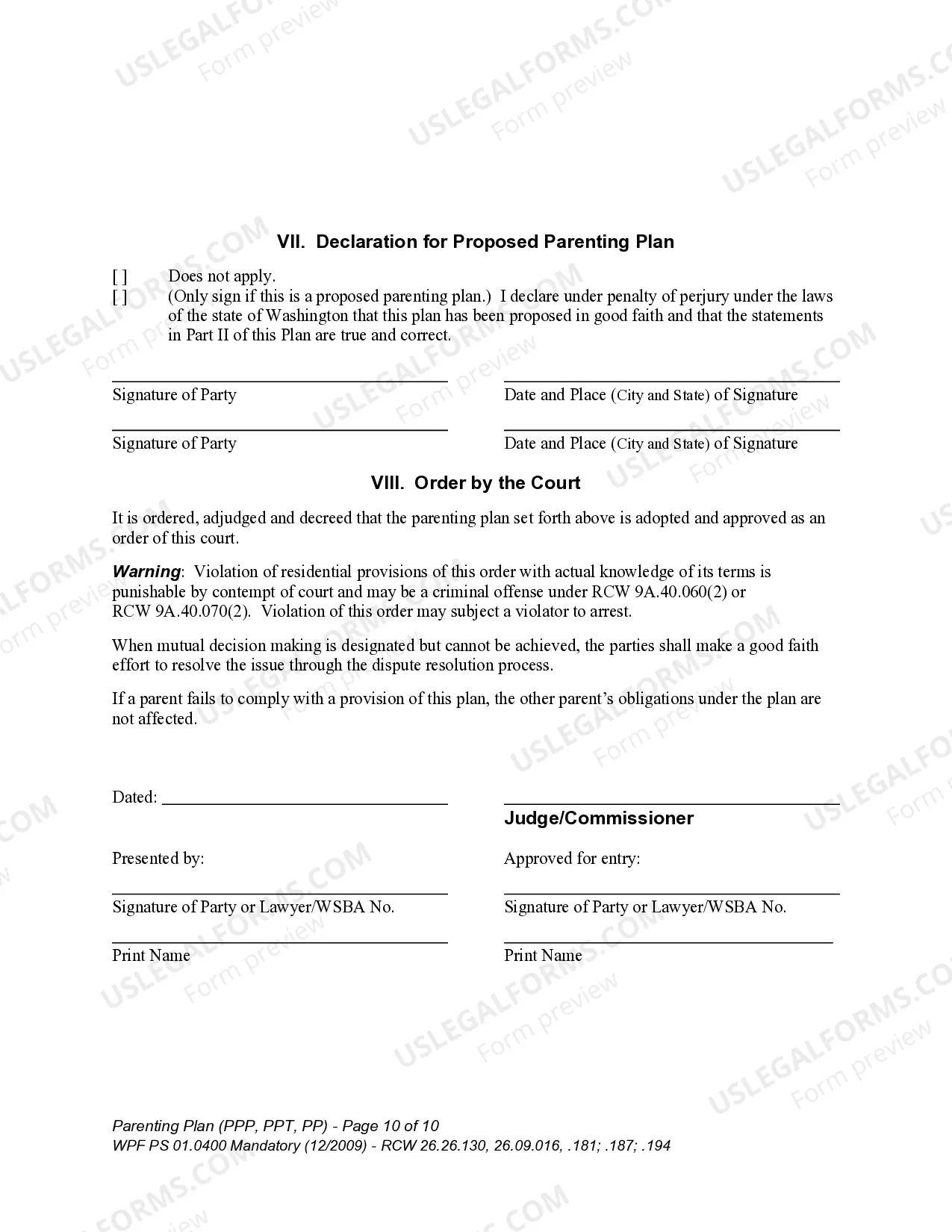 Preview WPF PS 01.0400 - Parenting Plan - Proposed - PP, Temporary - PPT, Final Order - PP
