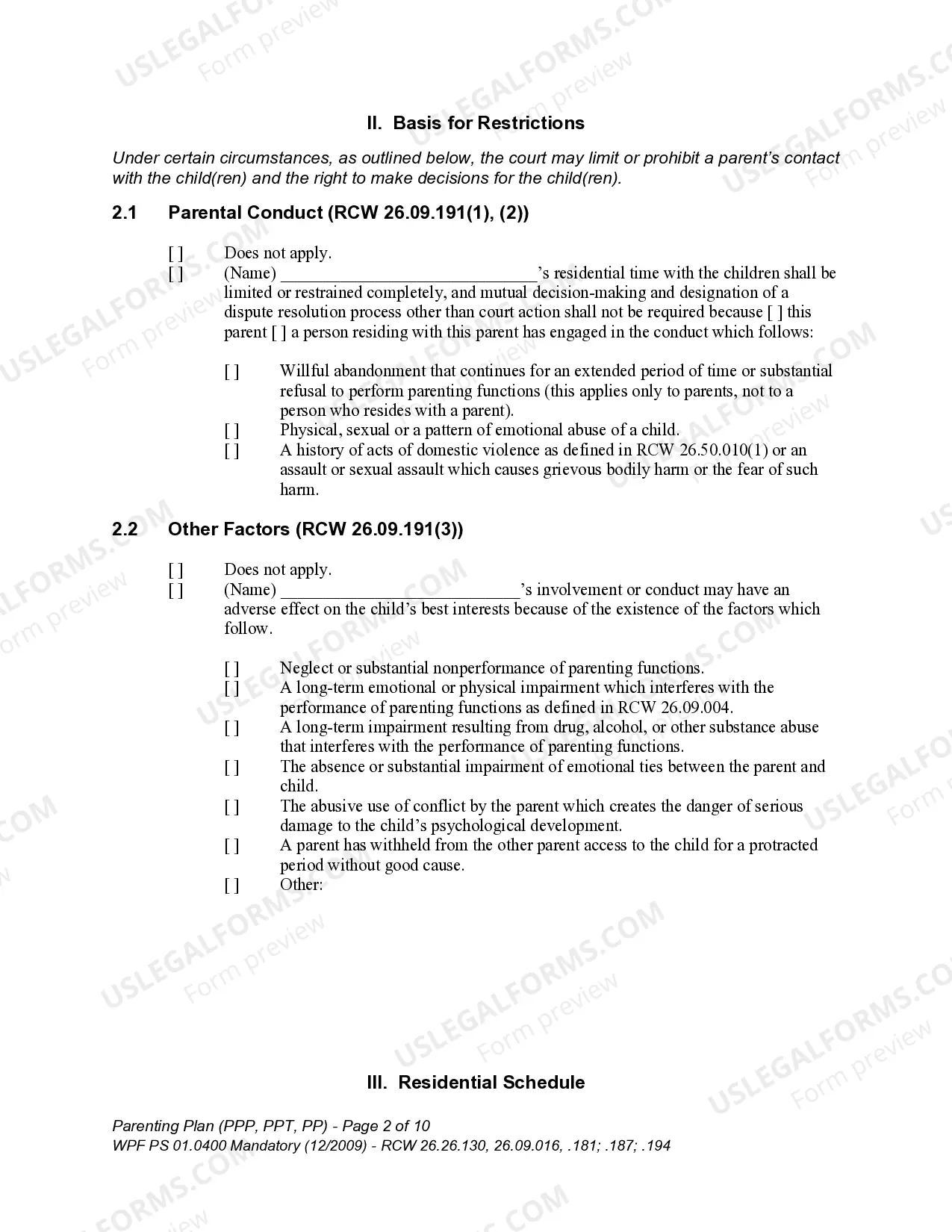 Preview WPF PS 01.0400 - Parenting Plan - Proposed - PP, Temporary - PPT, Final Order - PP