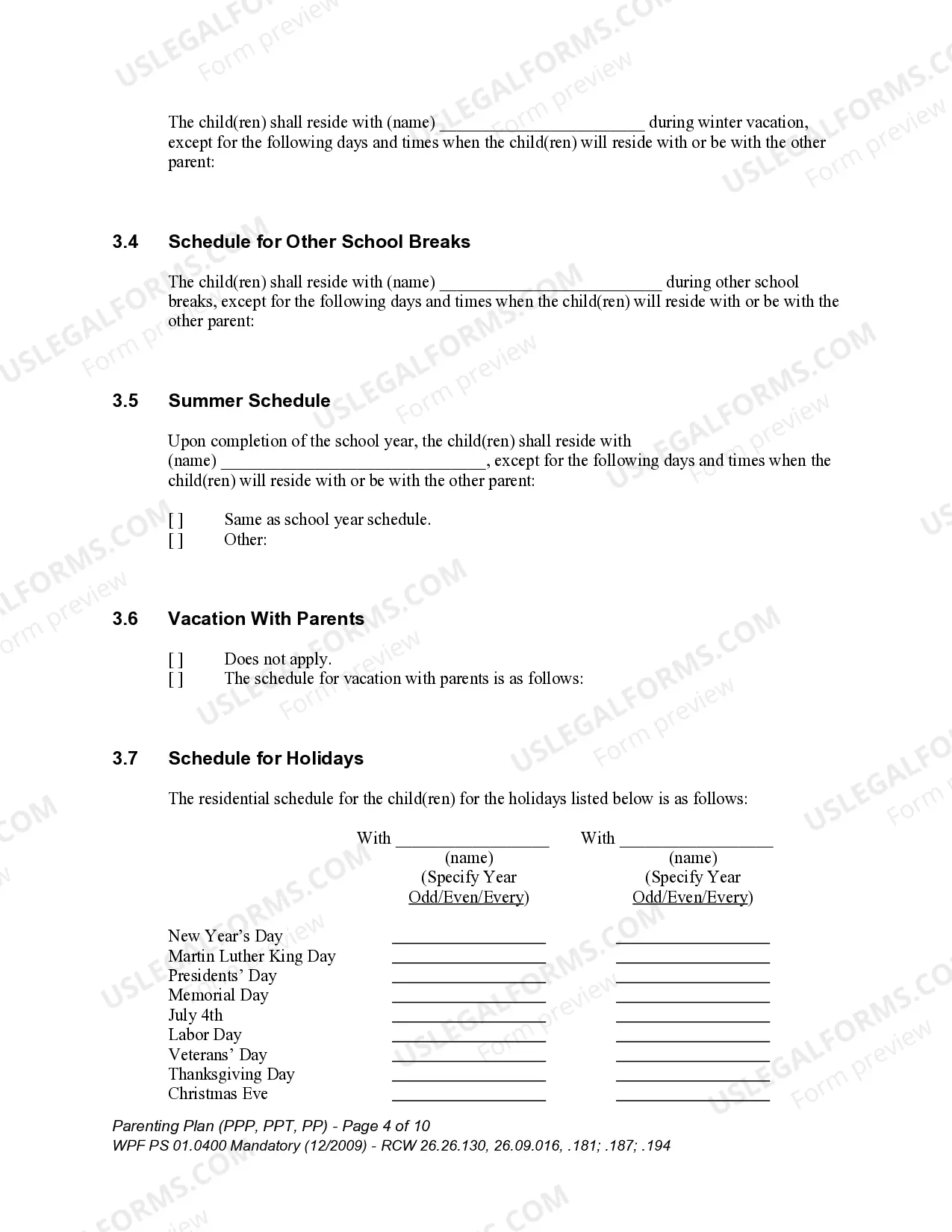 Preview WPF PS 01.0400 - Parenting Plan - Proposed - PP, Temporary - PPT, Final Order - PP