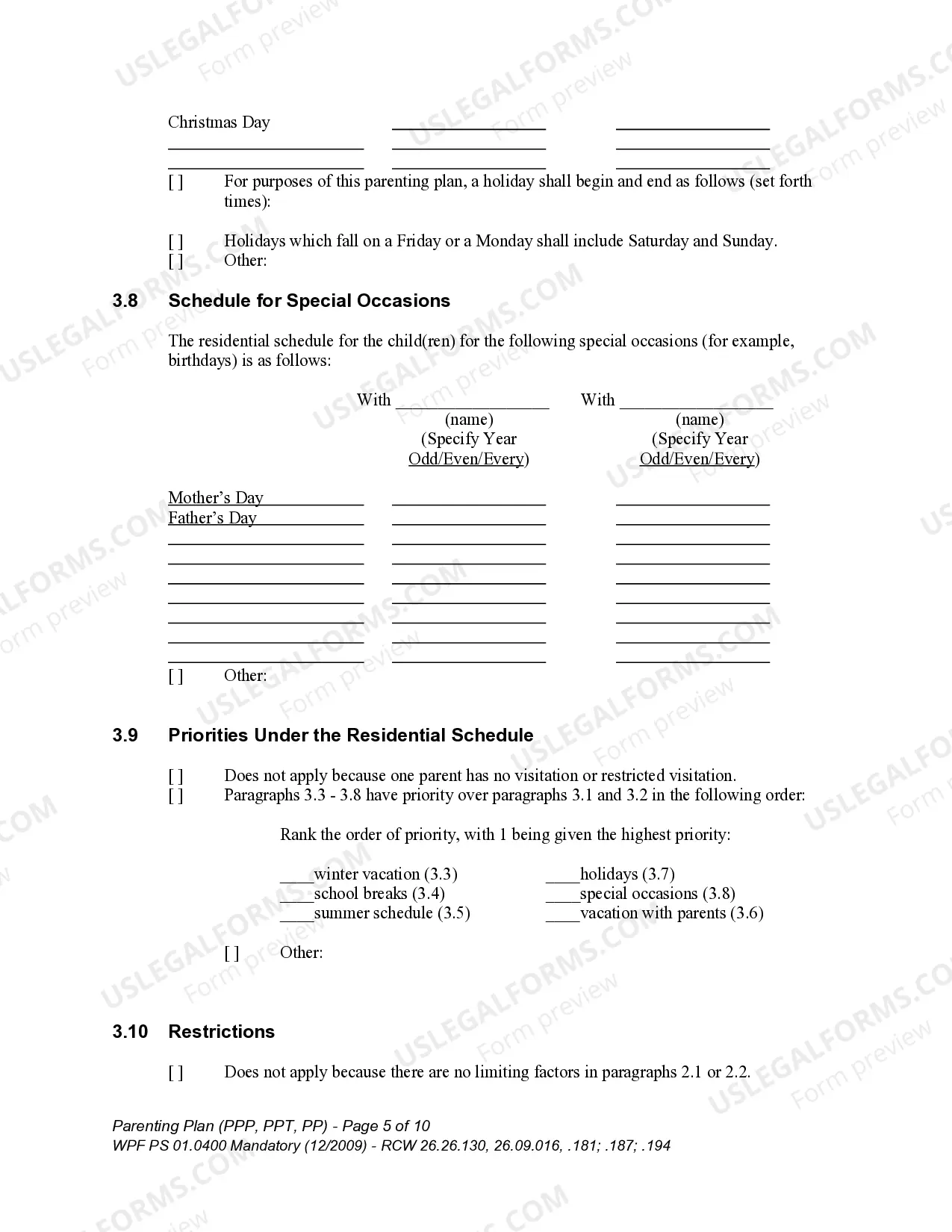 Preview WPF PS 01.0400 - Parenting Plan - Proposed - PP, Temporary - PPT, Final Order - PP