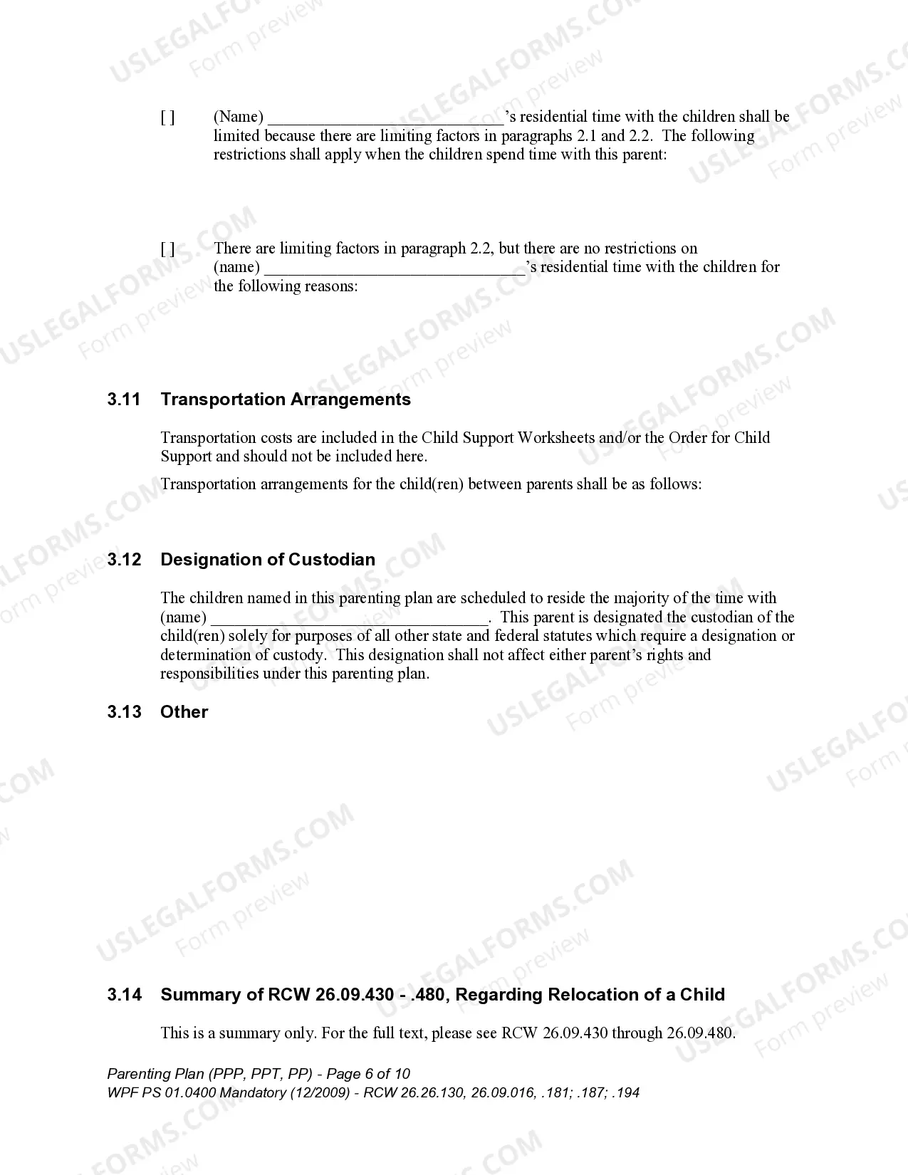 Preview WPF PS 01.0400 - Parenting Plan - Proposed - PP, Temporary - PPT, Final Order - PP