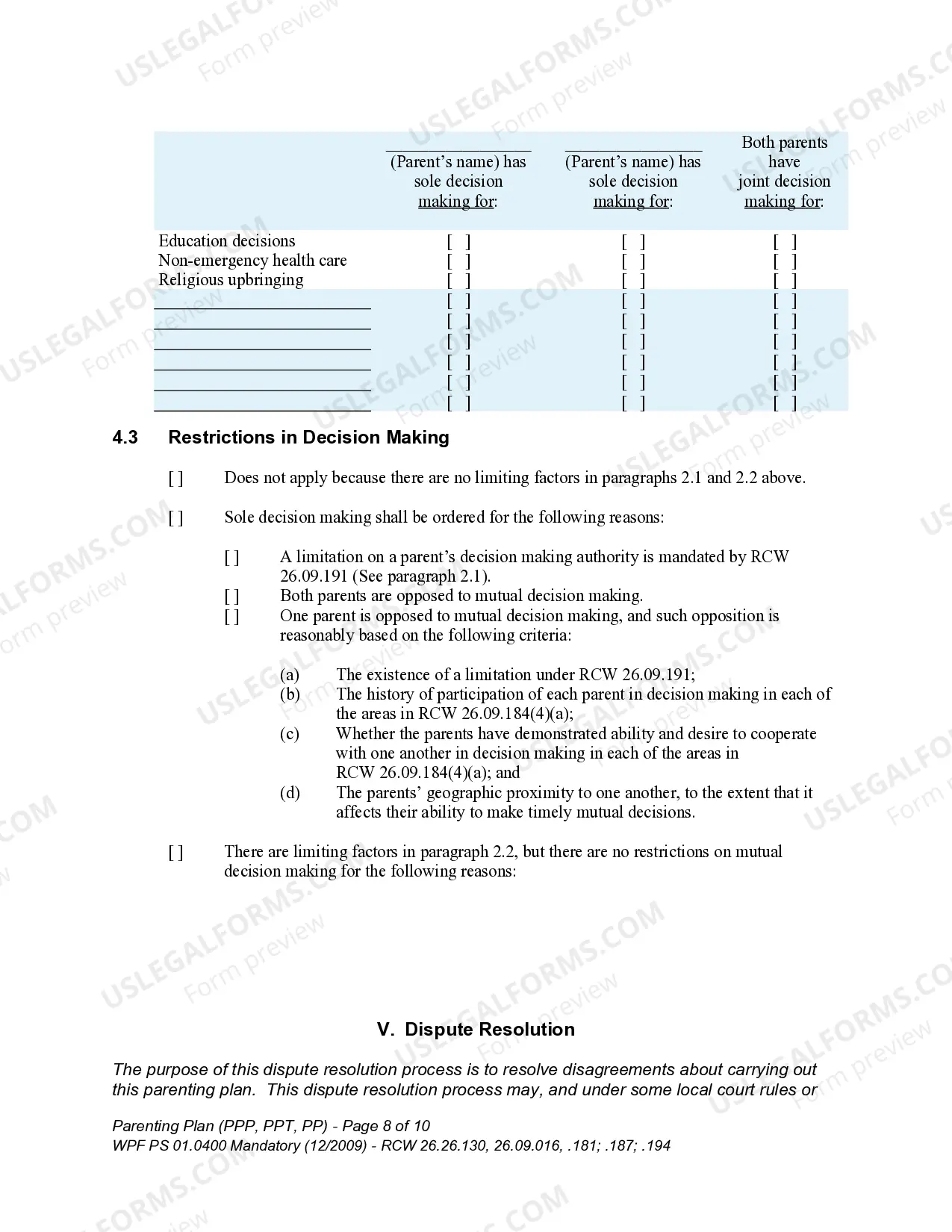 Preview WPF PS 01.0400 - Parenting Plan - Proposed - PP, Temporary - PPT, Final Order - PP