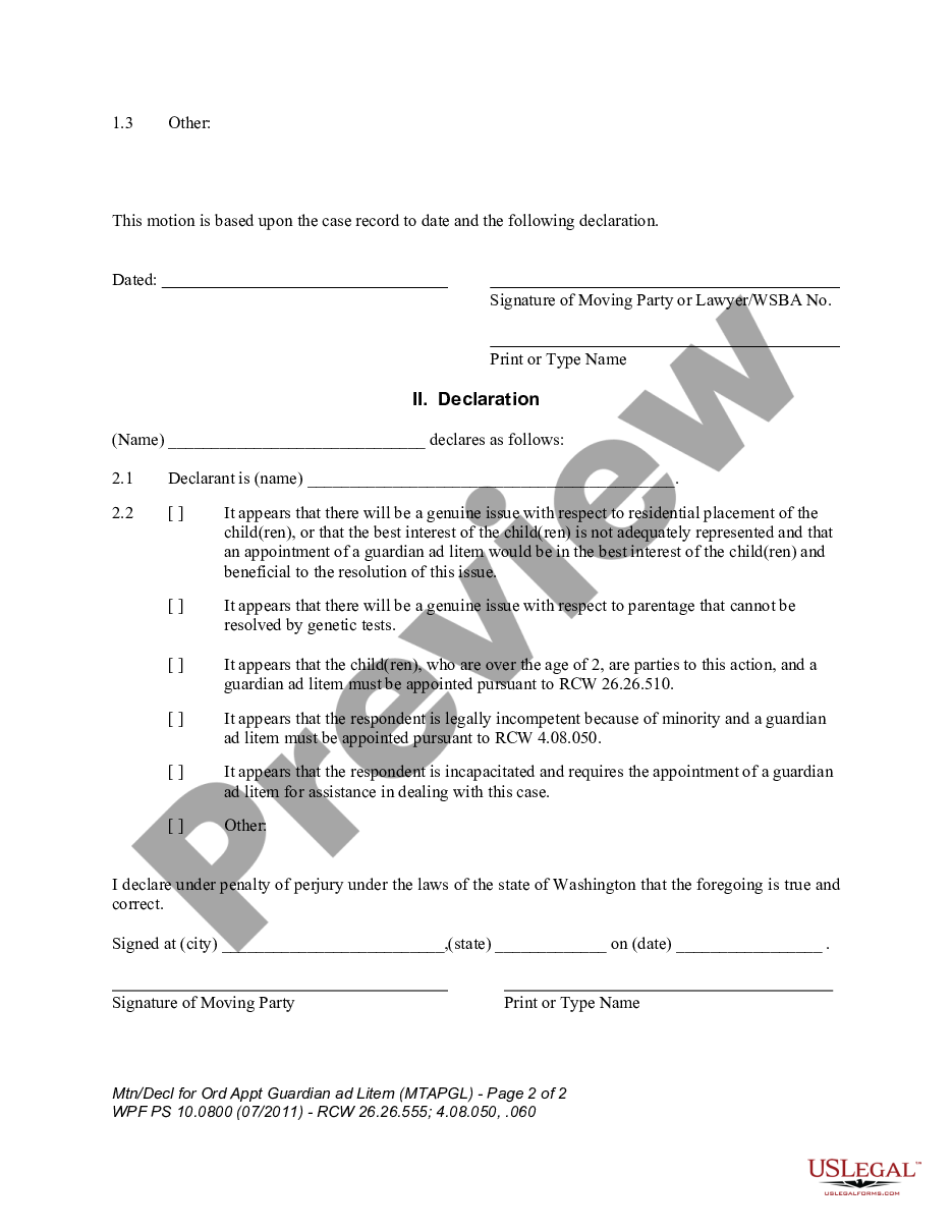 form WPF PS 10.0800 - Motion and Declaration for Order Appointing Guardian Ad Litem - MTAPGL preview