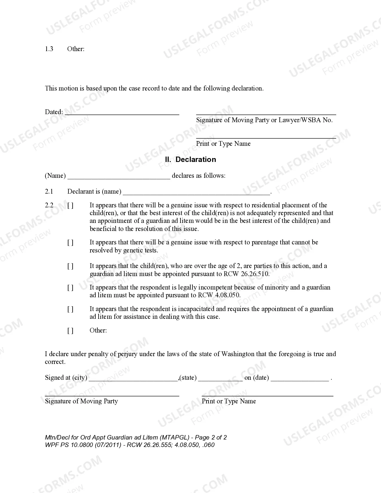 Preview WPF PS 10.0800 - Motion and Declaration for Order Appointing Guardian Ad Litem - MTAPGL