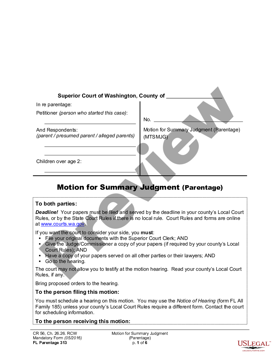 form WPF PS 03.0250 - Motion for Summary Judgment on Parentage - MTSJG preview