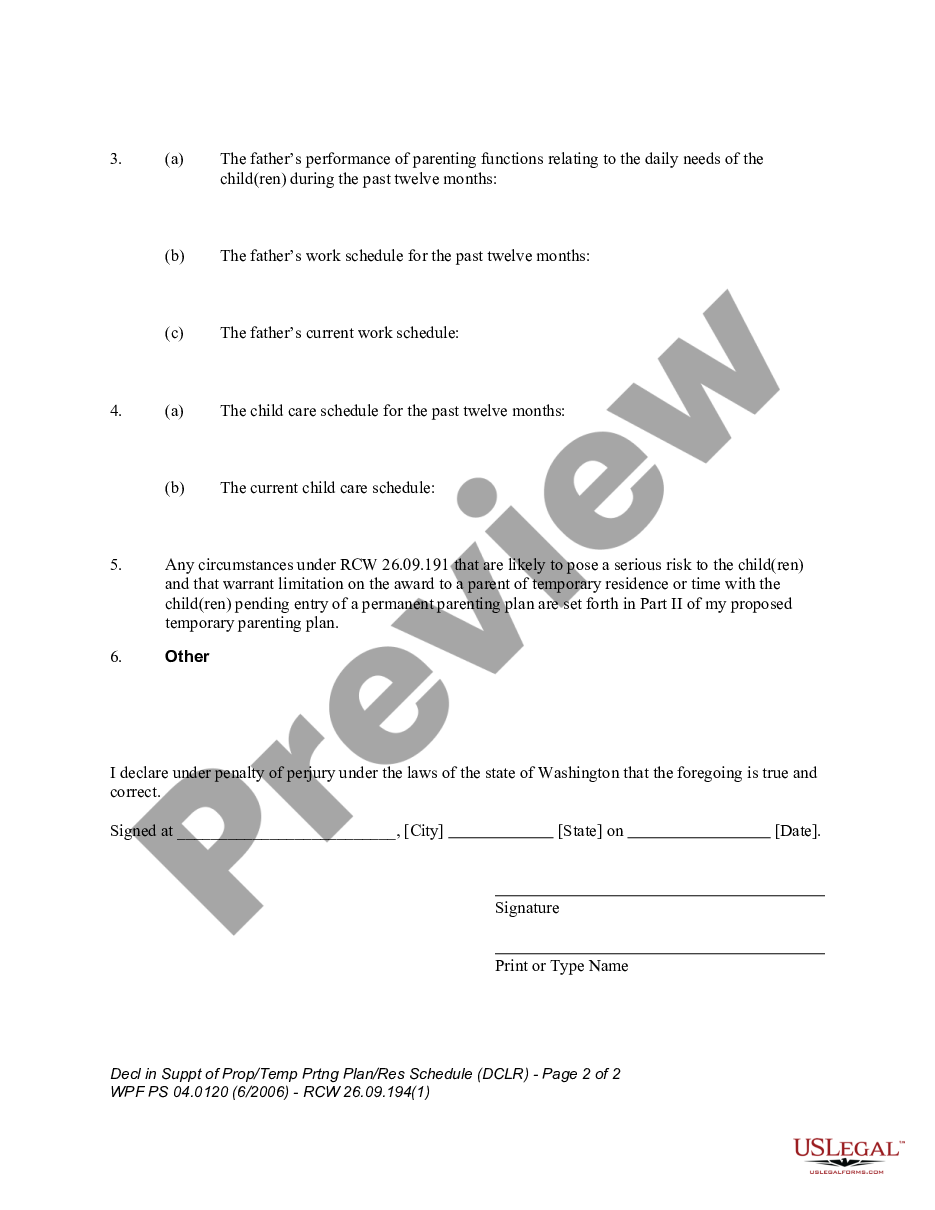form WPF PS 04.0120 - Declaration in Support of Proposed Temporary Parenting Plan - DCLR preview