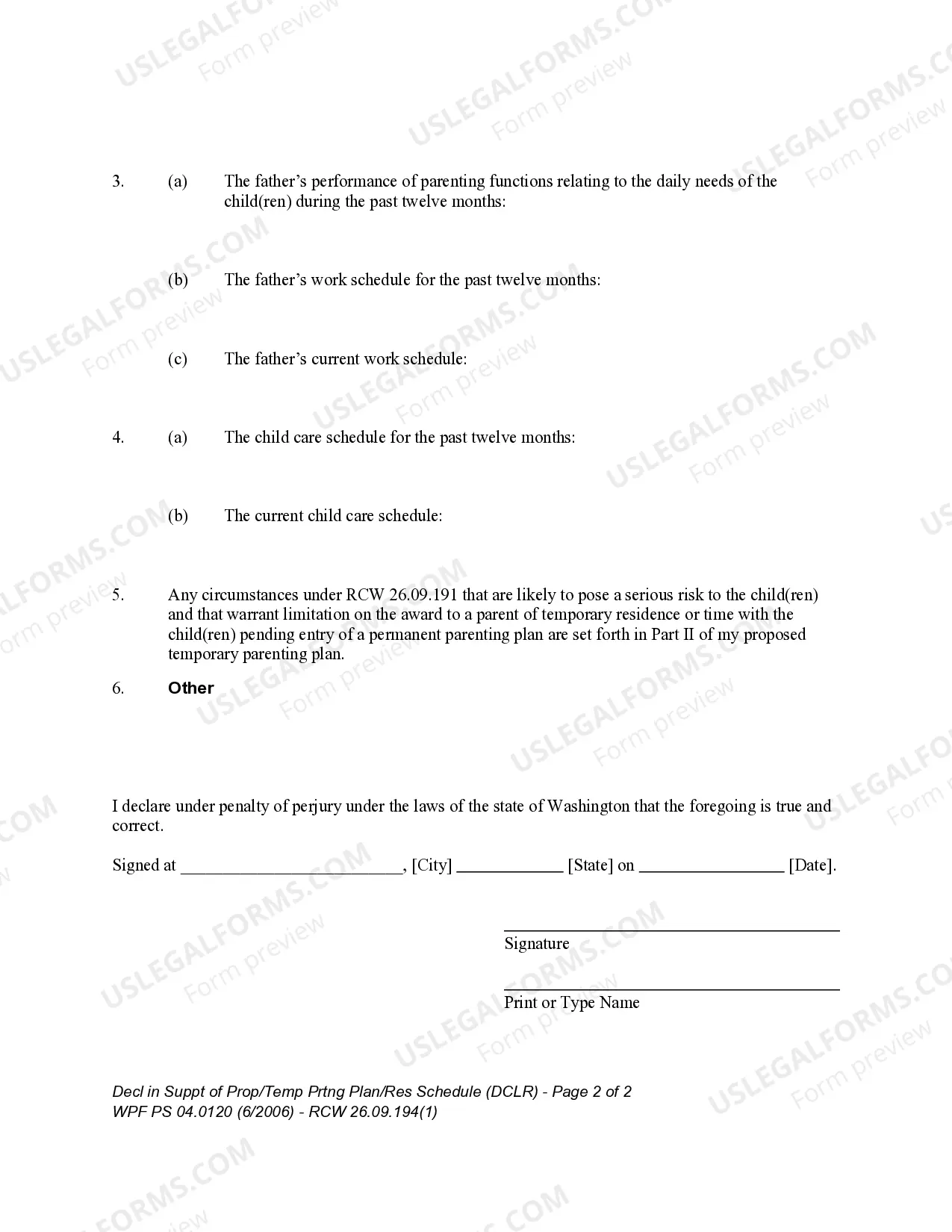 Preview WPF PS 04.0120 - Declaration in Support of Proposed Temporary Parenting Plan - DCLR
