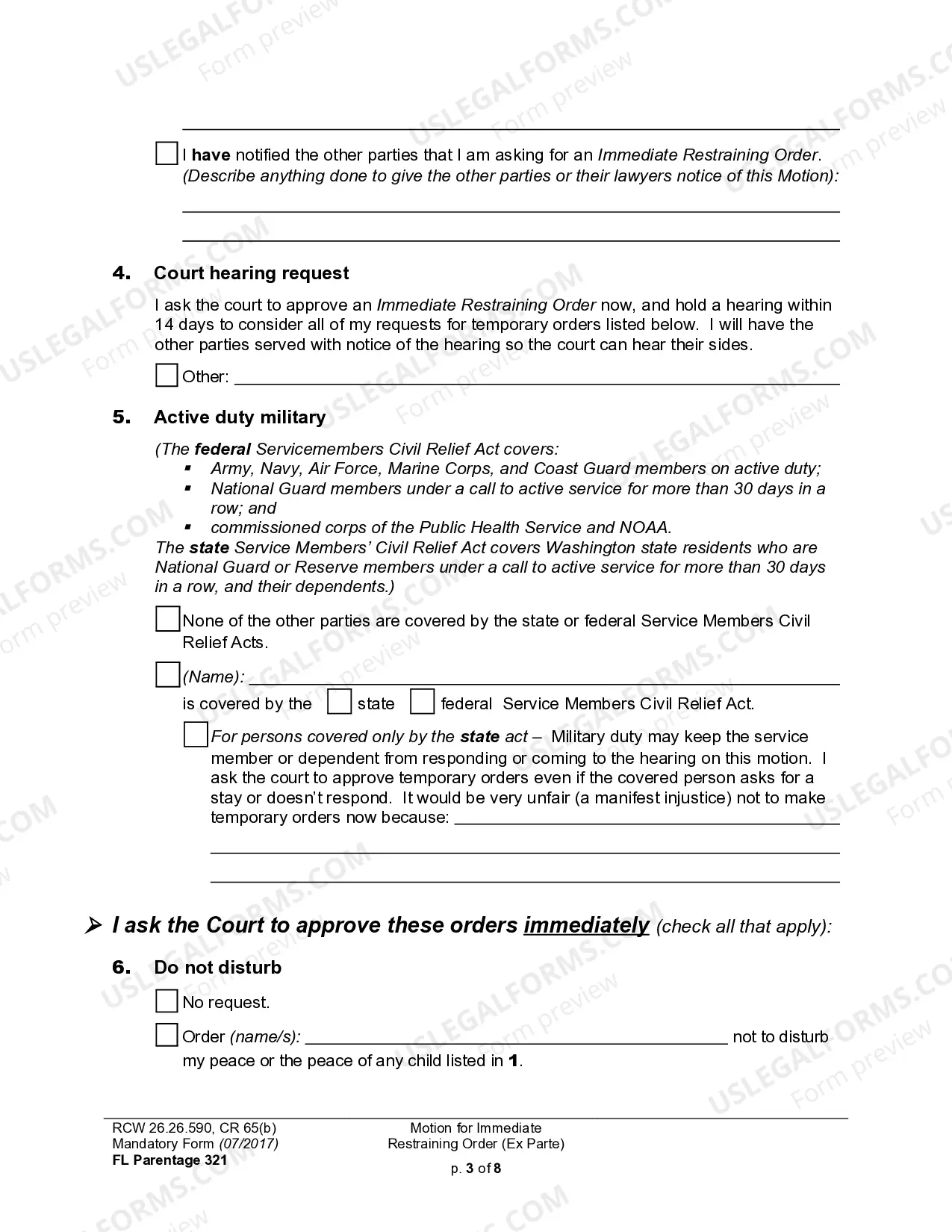 Preview WPF PS 04.0150 - Motion - Declaration for Ex Parte Restraining Order and Order to Show Cause - MTAF