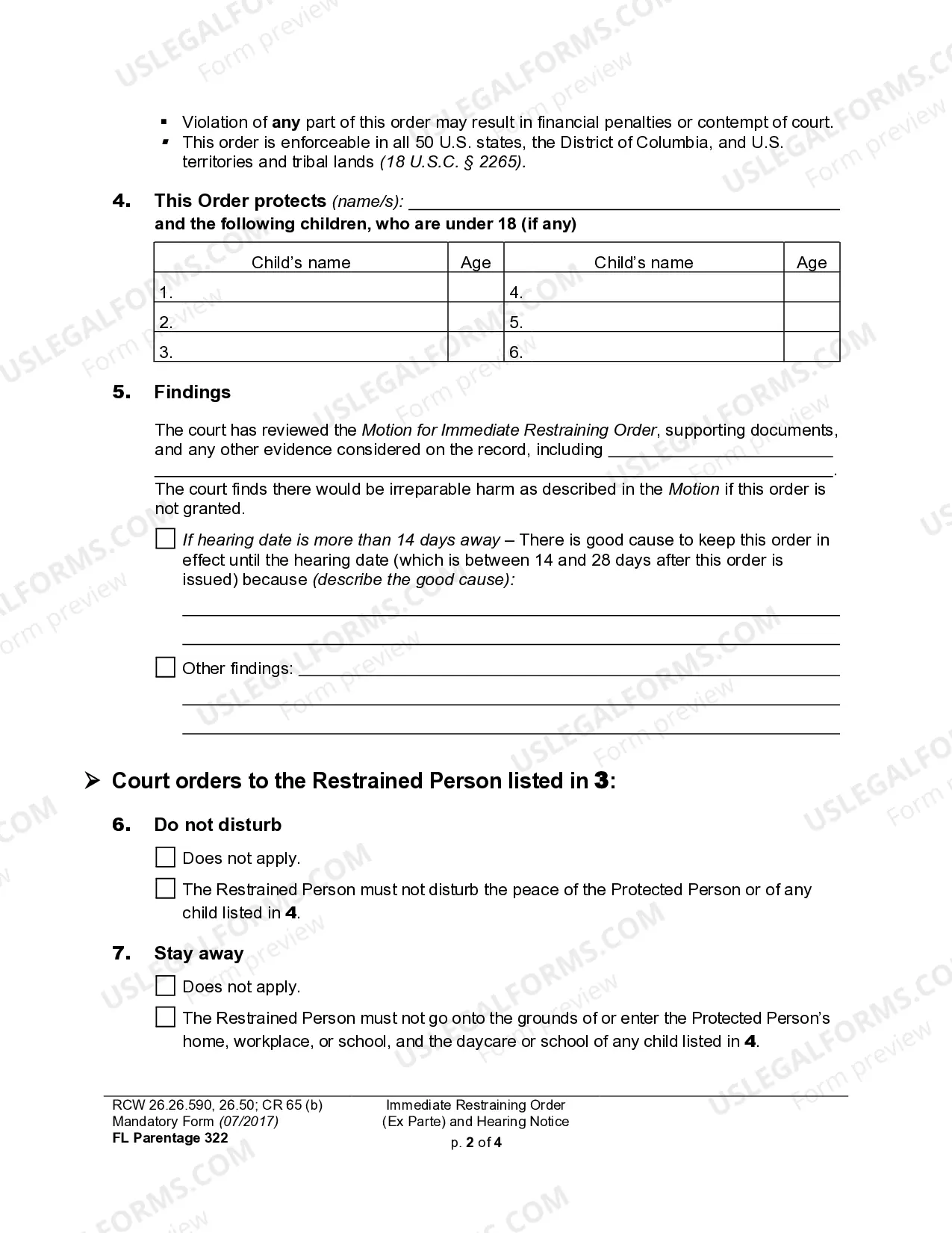 Preview WPF PS 04.0170 - Ex Parte Restraining Order - Order to Show Cause - TPROTSC