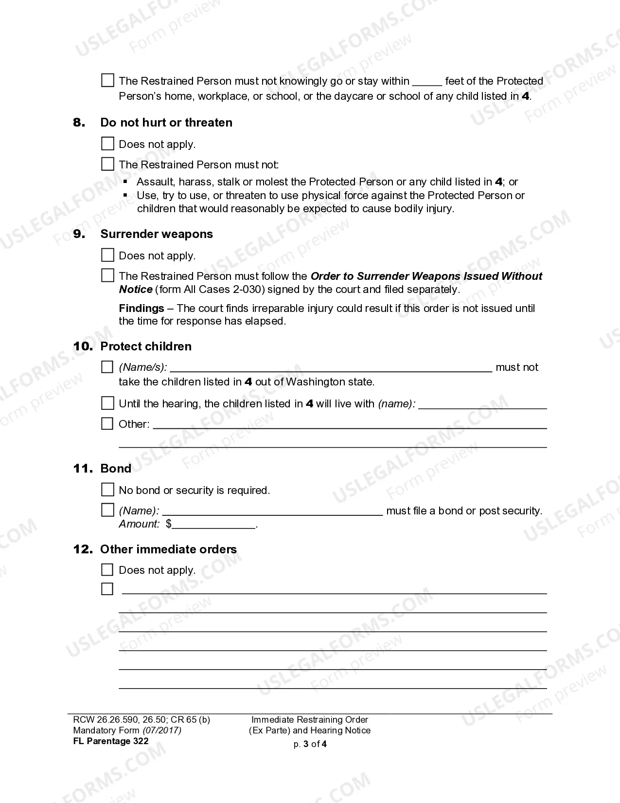 Preview WPF PS 04.0170 - Ex Parte Restraining Order - Order to Show Cause - TPROTSC