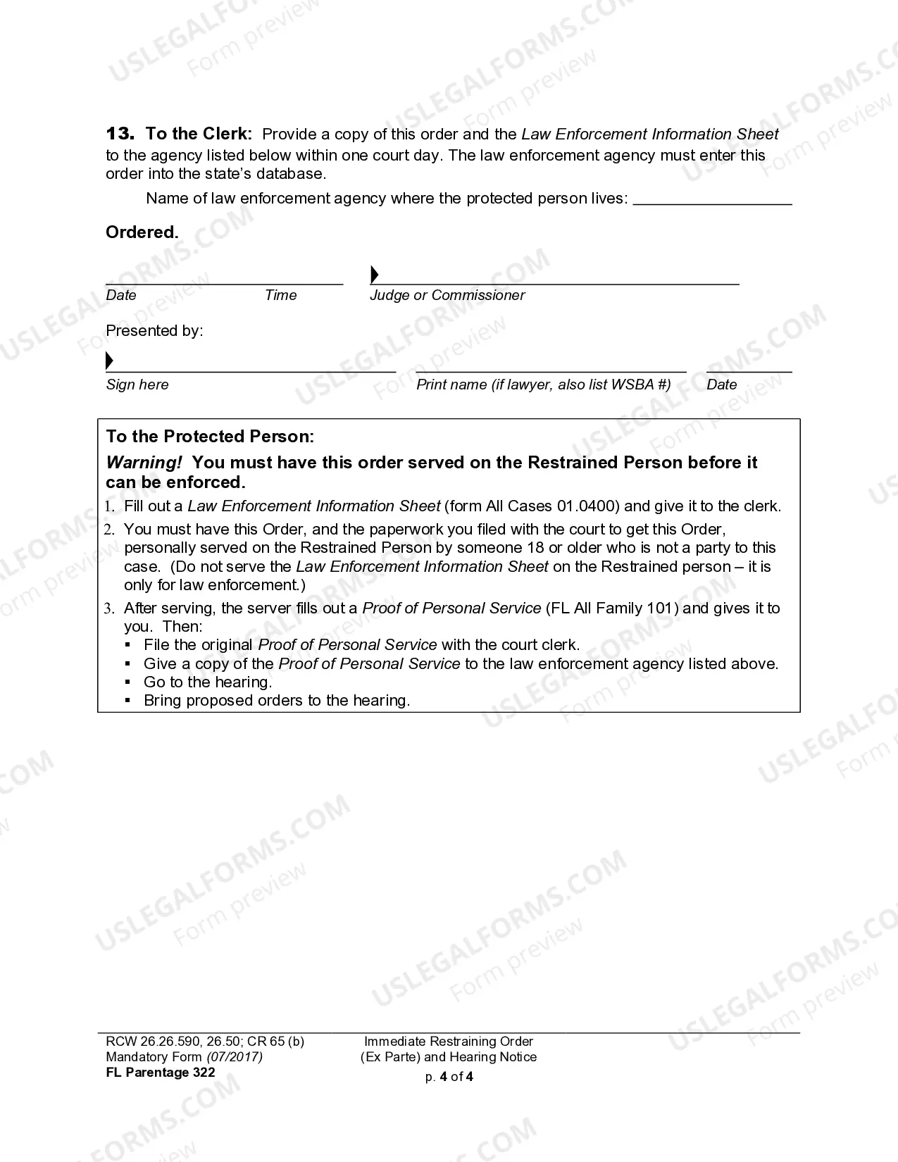 Preview WPF PS 04.0170 - Ex Parte Restraining Order - Order to Show Cause - TPROTSC